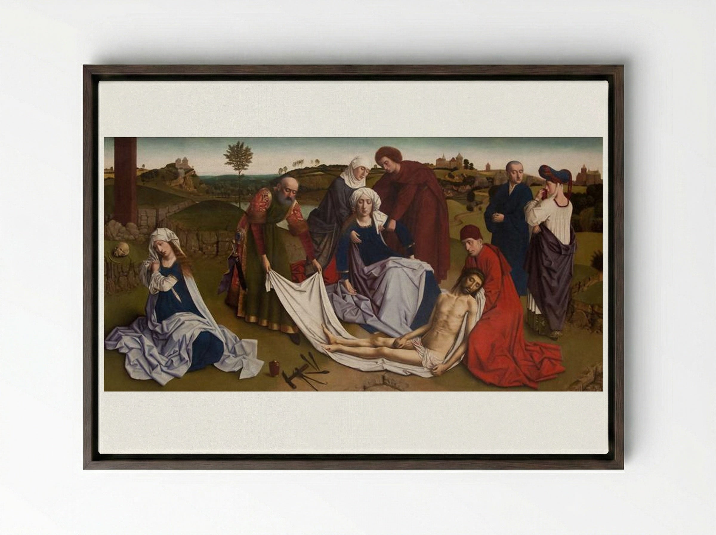 The Lamentation over the Dead Christ - Petrus Christus - Framed Canvas Dark Wood