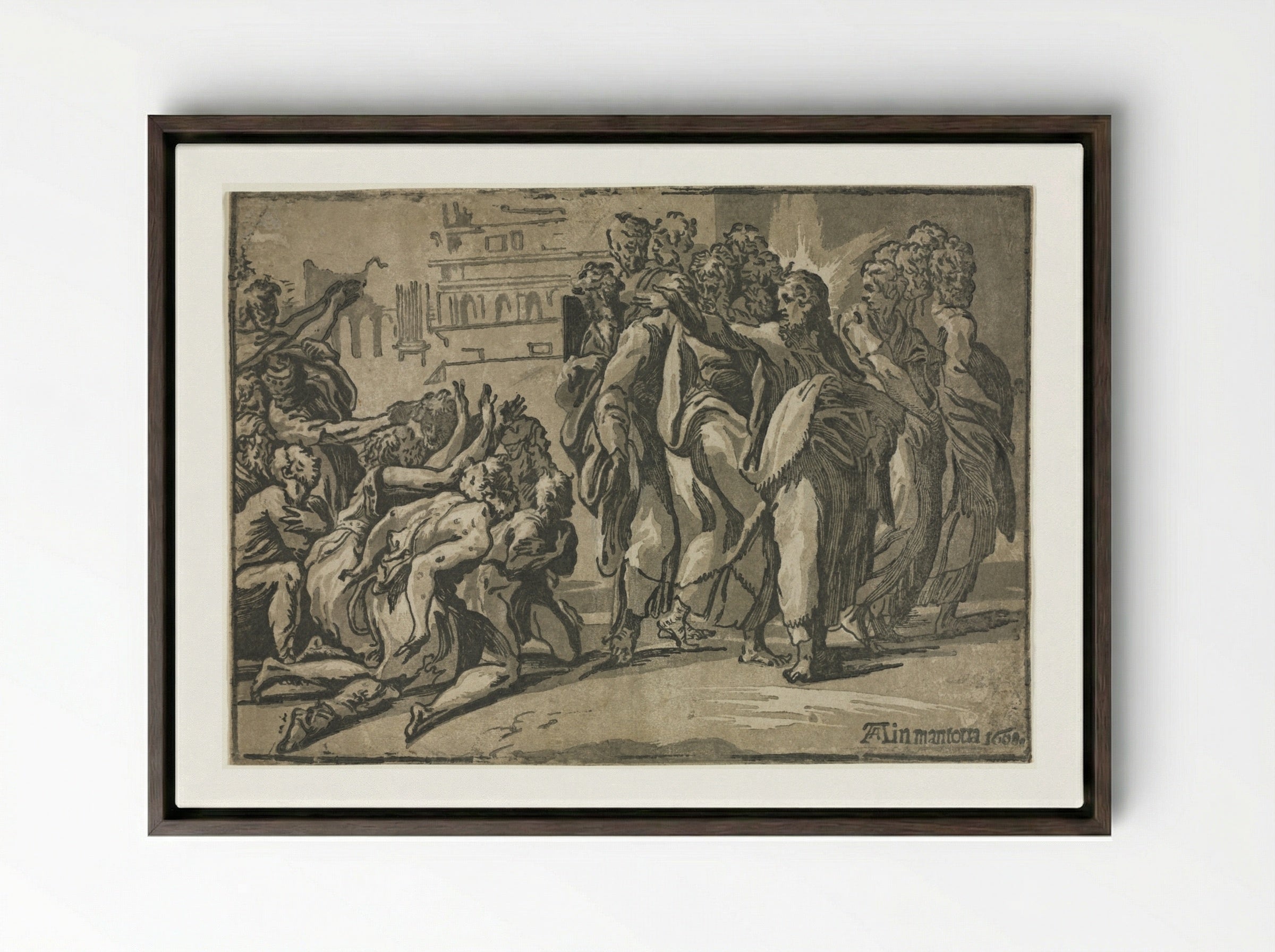 Christ Healing the Lepers - Andrea Andreani - Framed Canvas Dark Wood