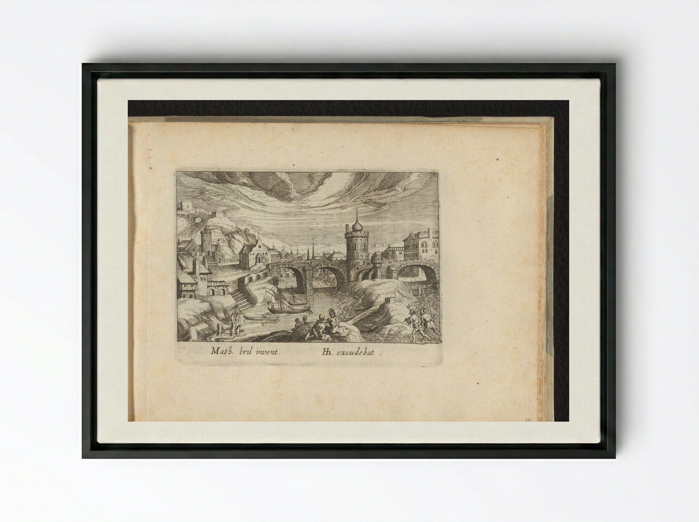 Stadsgezicht met brug en toren - Simon Frisius - Framed Canvas Black