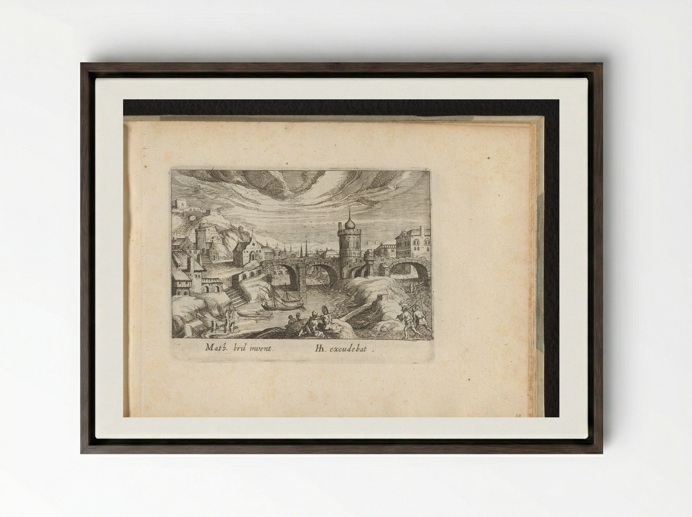 Stadsgezicht met brug en toren - Simon Frisius - Framed Canvas Dark Wood