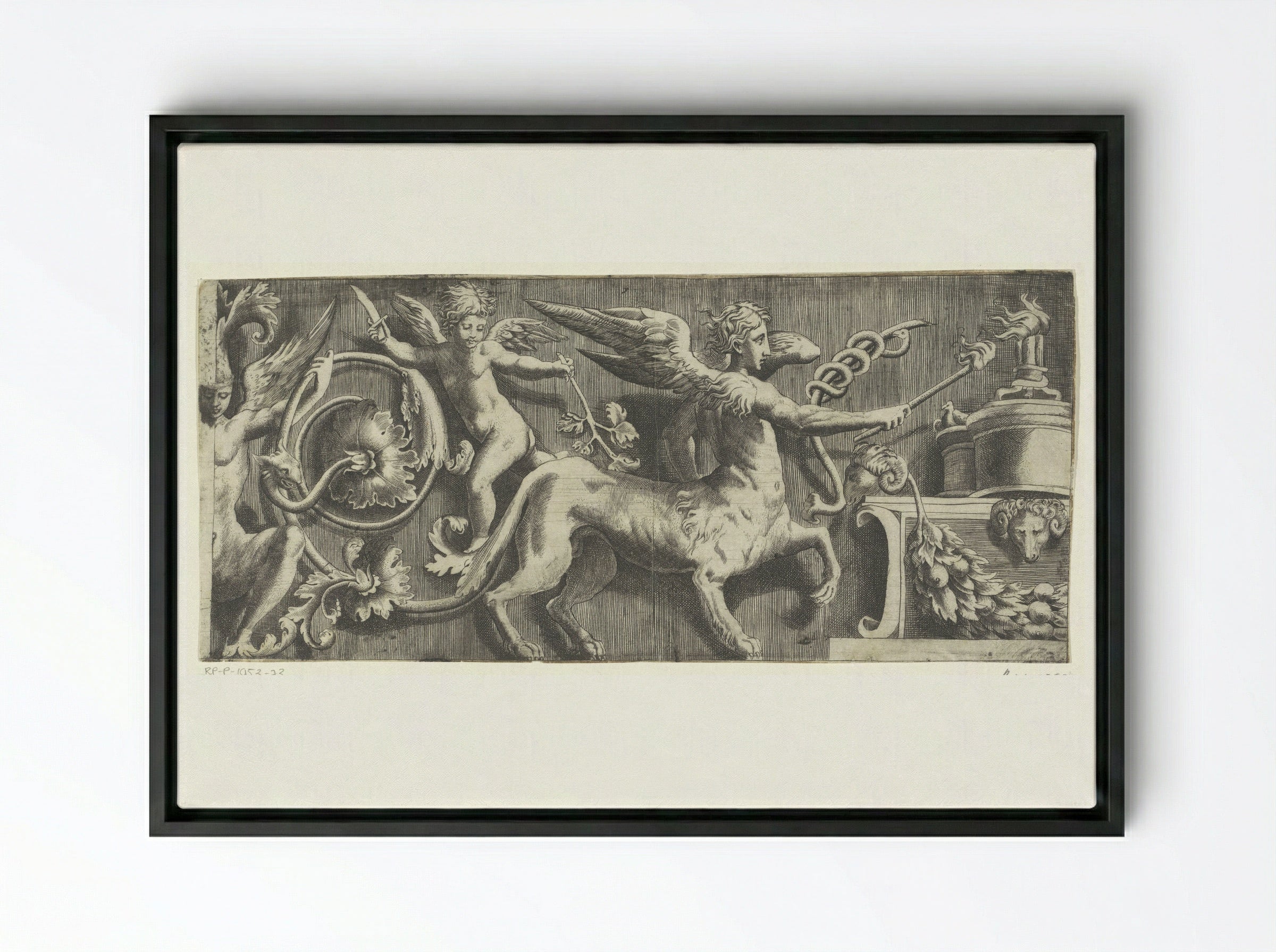 Frieze with Sphinx and Putto at an Altar - Giulio Bonasone - Framed Canvas Black