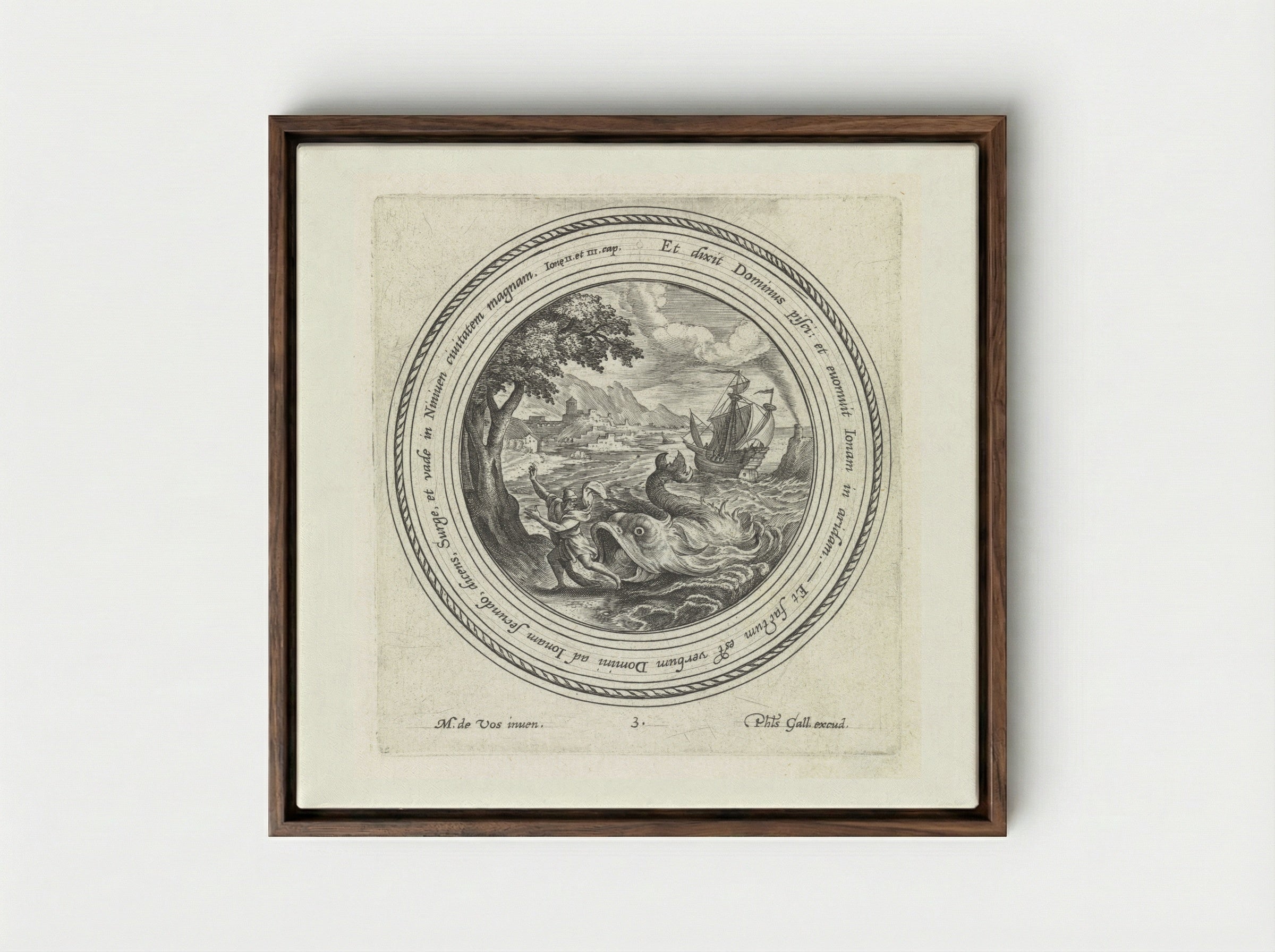 Jonah Cast Ashore by the Great Fish - Crispijn van de Passe (I) - Framed Canvas Dark Wood