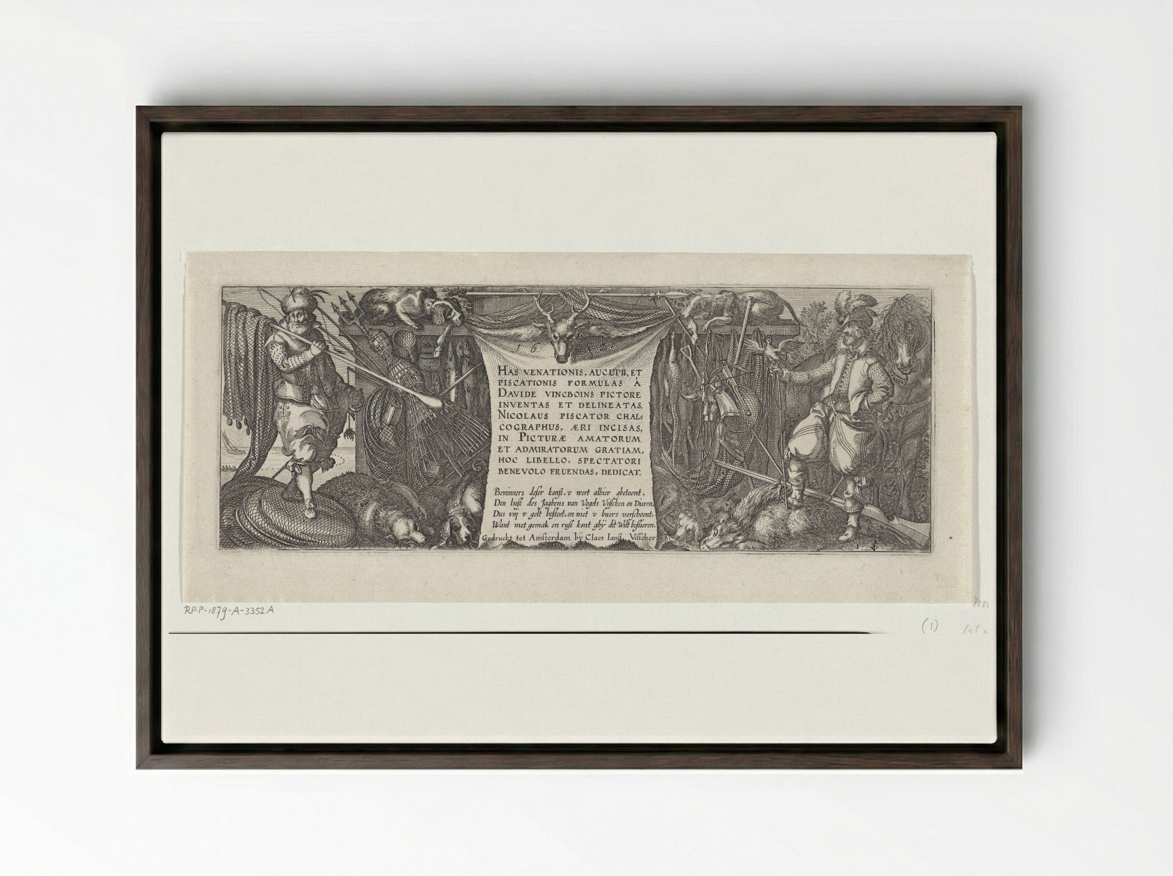 Title Print for a Series of Hunting Scenes - Claes Jansz. Visscher (II) - Framed Canvas Dark Wood