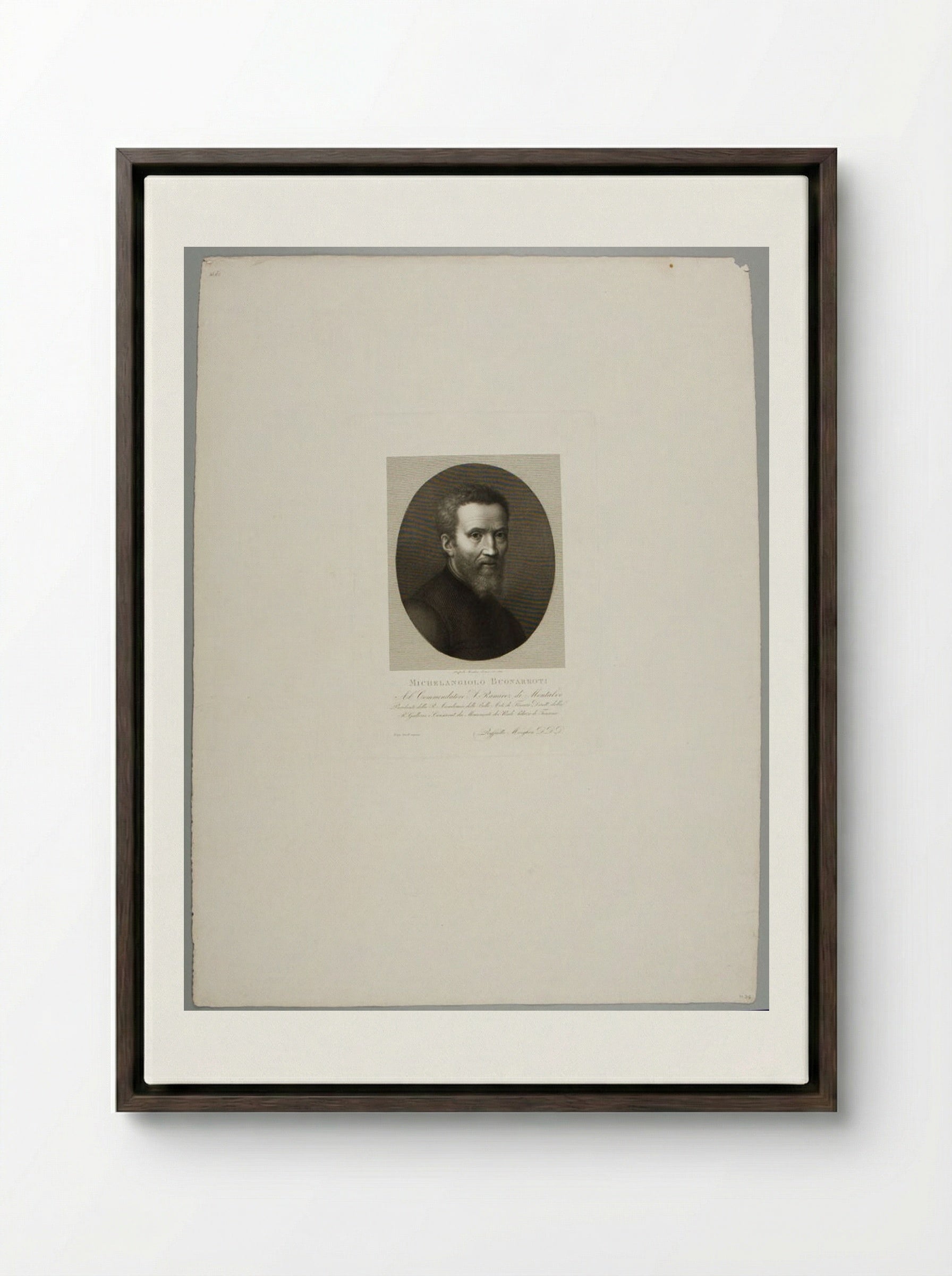 Portrait of Michelangelo Buonarroti - Raphael Morghen - Framed Canvas Dark Wood