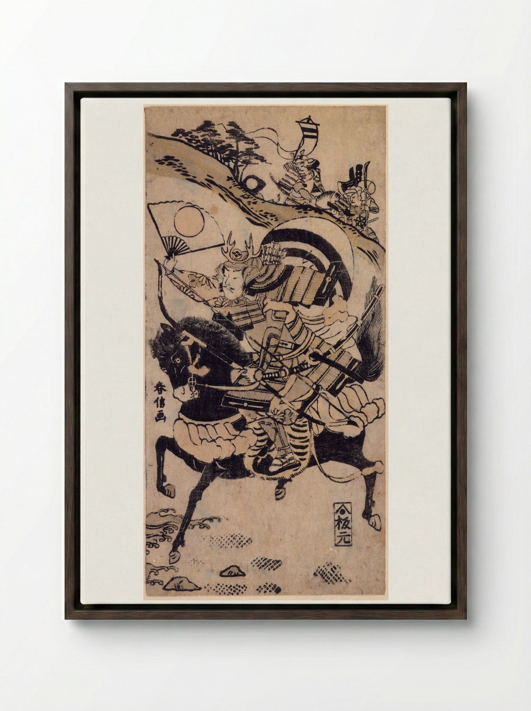 Warrior on a Black Horse - Suzuki Harunobu - Framed Canvas Dark Wood