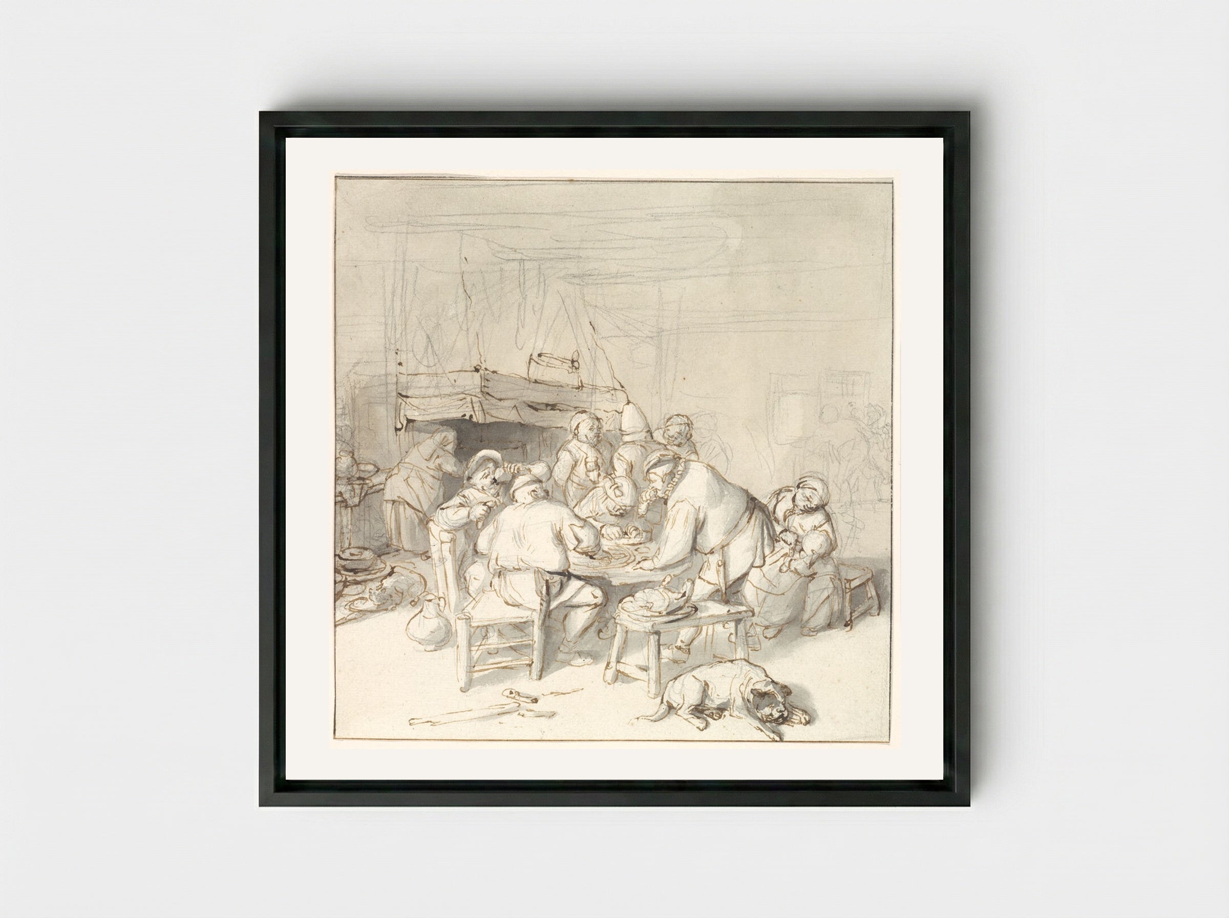 Scene at an Inn - Cornelis Dusart - Framed Canvas Black