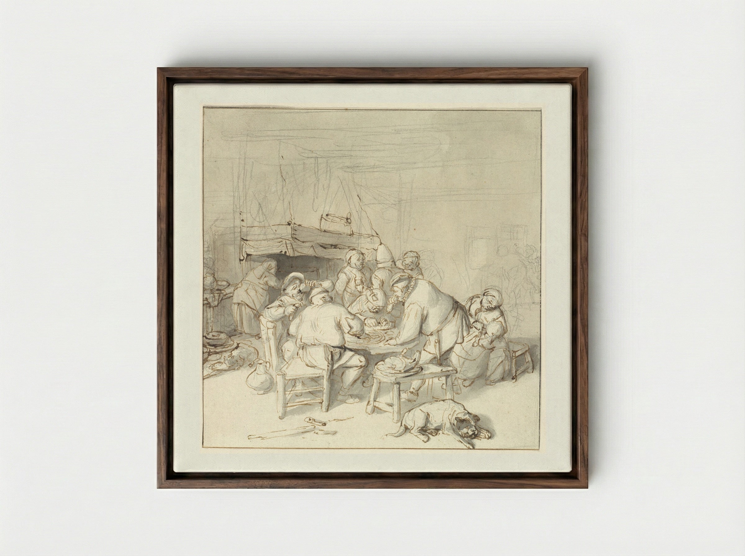 Scene at an Inn - Cornelis Dusart - Framed Canvas Dark Wood