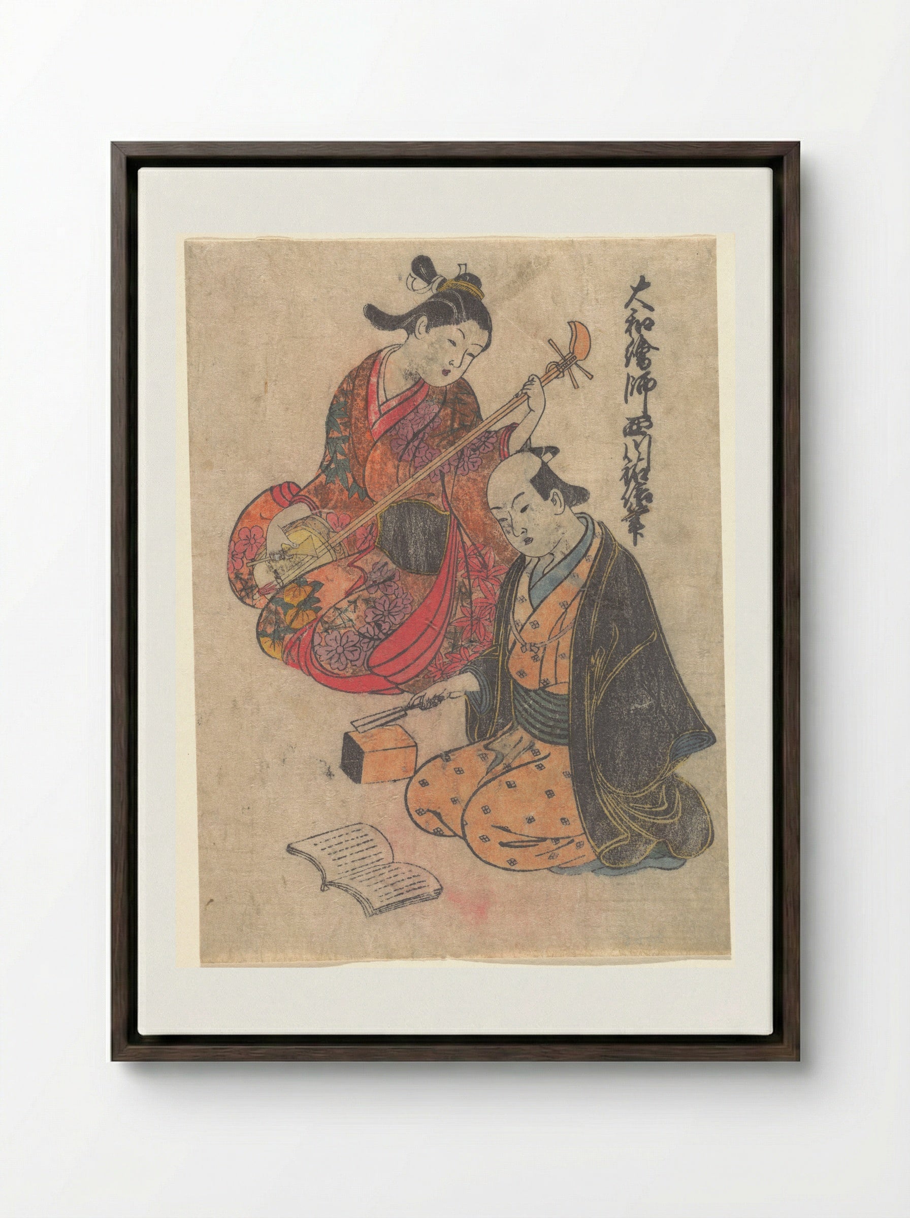 Young Lady Taking a Lesson on the Shamisen - Nishikawa Sukenobu - Framed Canvas Dark Wood