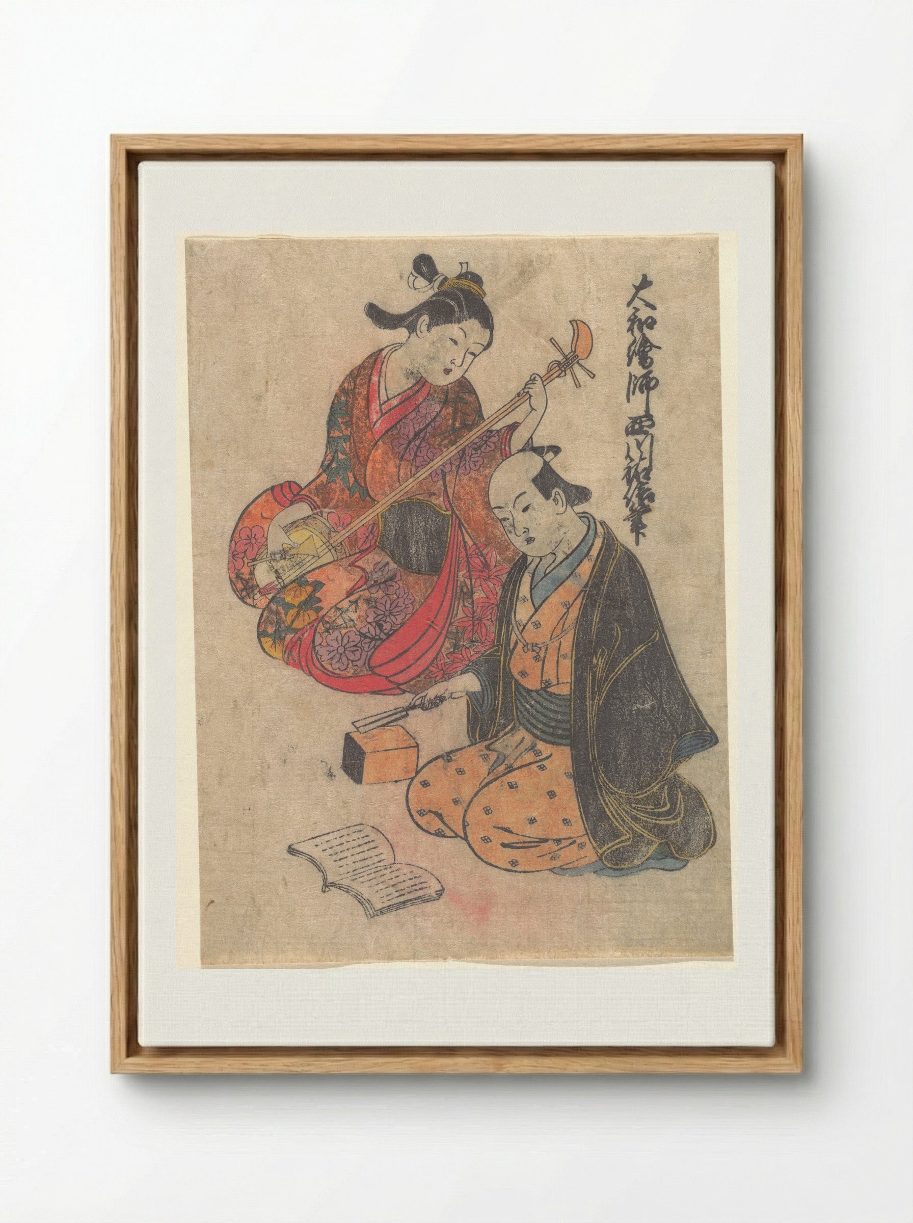Young Lady Taking a Lesson on the Shamisen - Nishikawa Sukenobu - Framed Canvas Wood