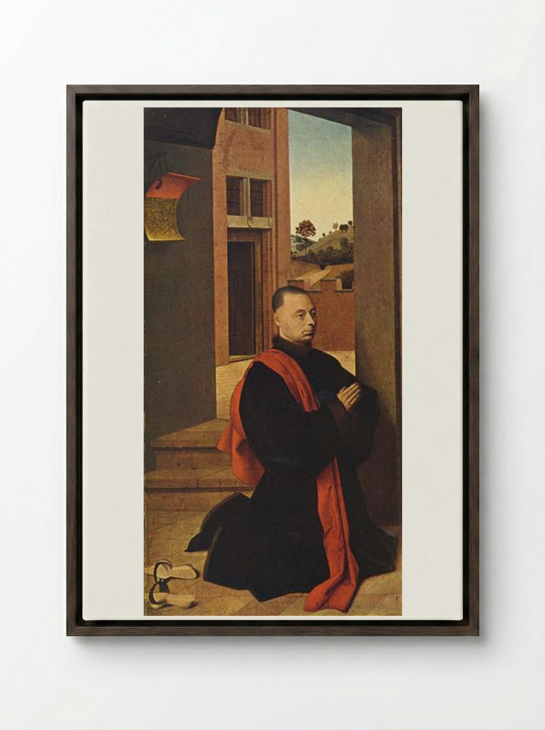 Kneeling male donor - Petrus Christus - Framed Canvas Dark Wood
