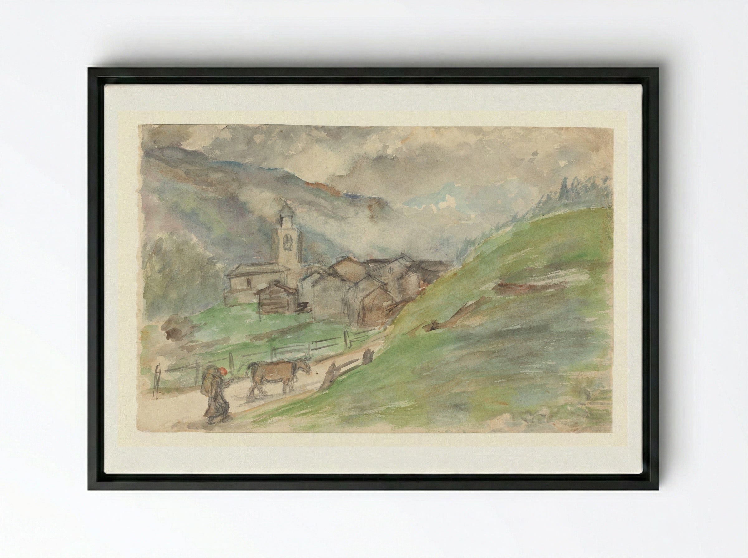 Bergdorpje met kerk - Jozef Israëls - Framed Canvas Black