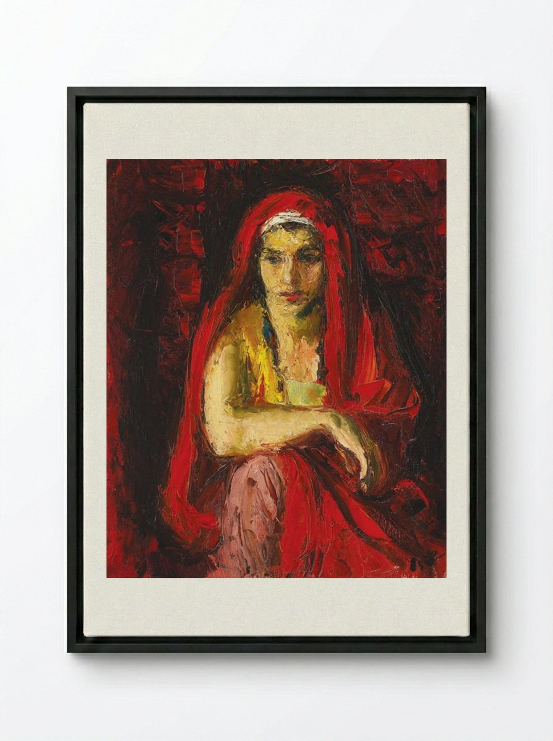 The Red Shawl - Iosif Iser - Framed Canvas Black