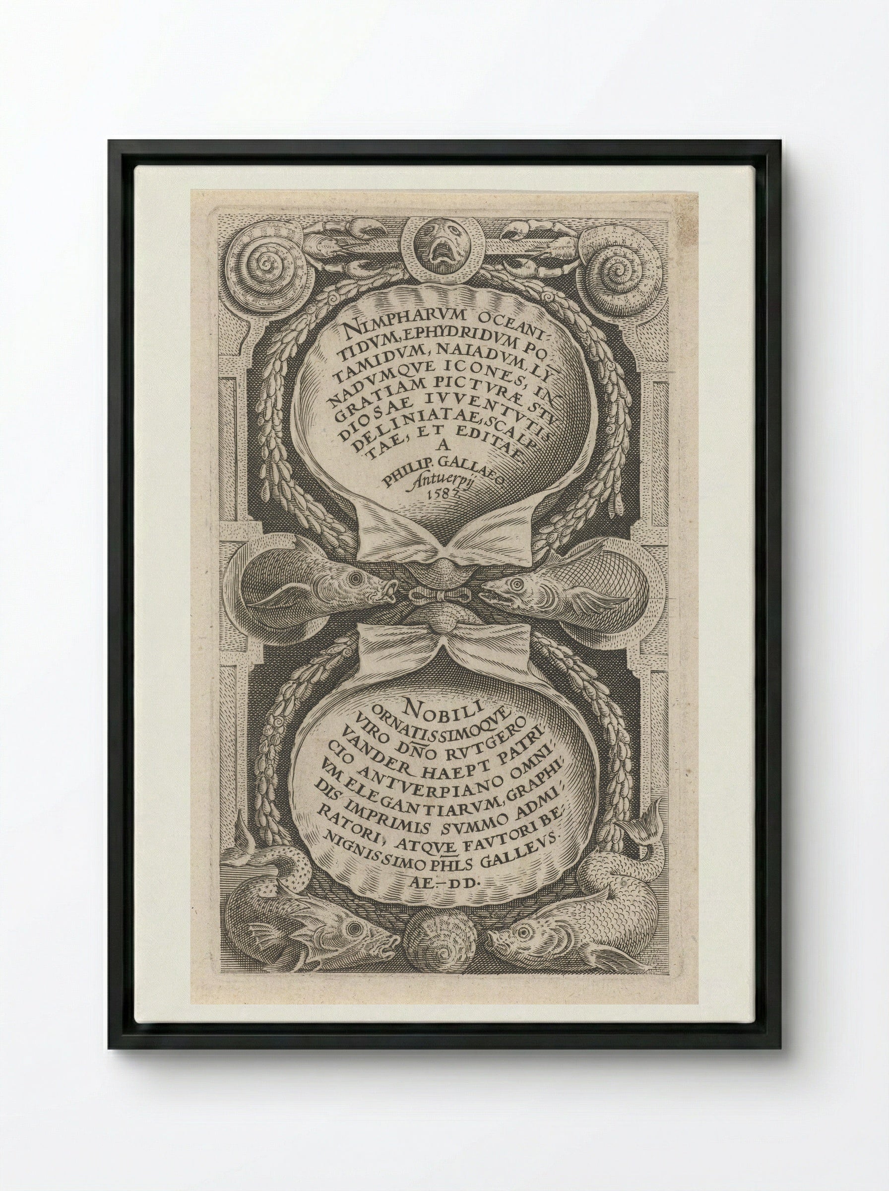 Title Page for a Series of Water Nymphs - Philips Galle - Framed Canvas Black