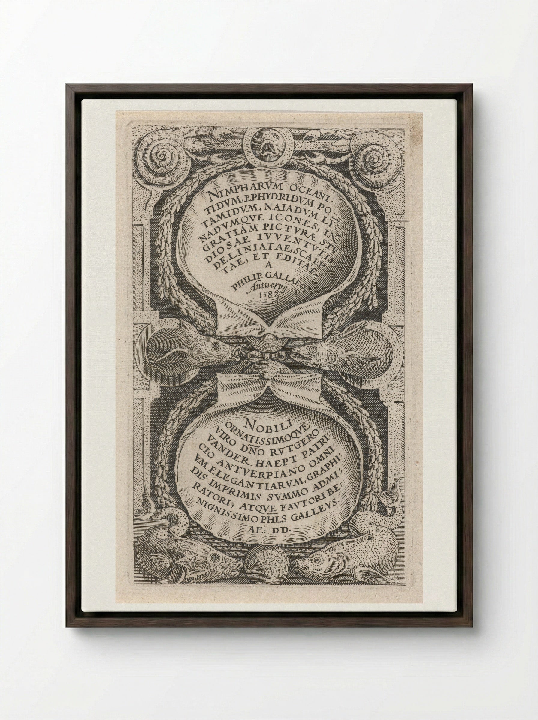 Title Page for a Series of Water Nymphs - Philips Galle - Framed Canvas Dark Wood