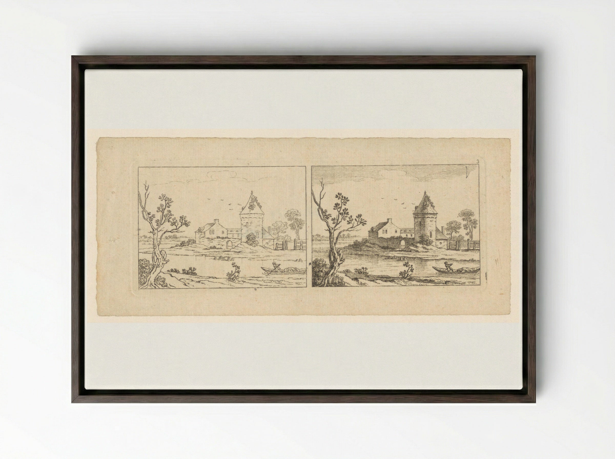 Two Views of a River Scene with a Tower - François Vivares - Framed Canvas Dark Wood