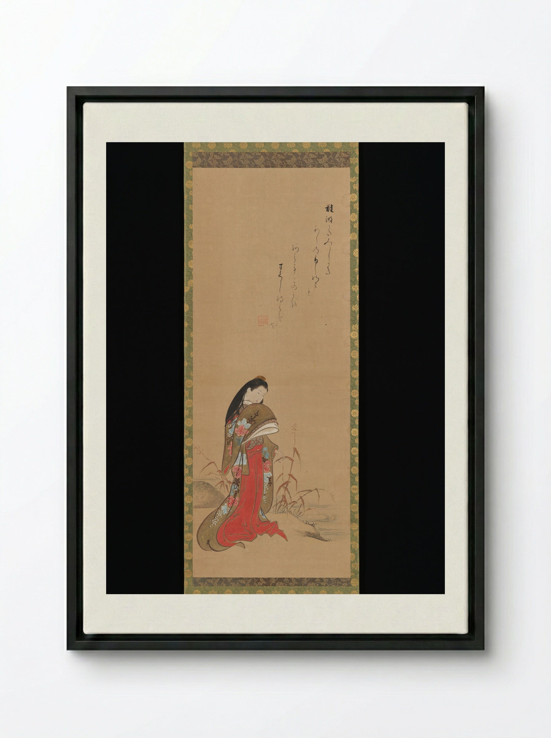 Lady Ise by the Riverbank - Nishikawa Sukenobu - Framed Canvas Black