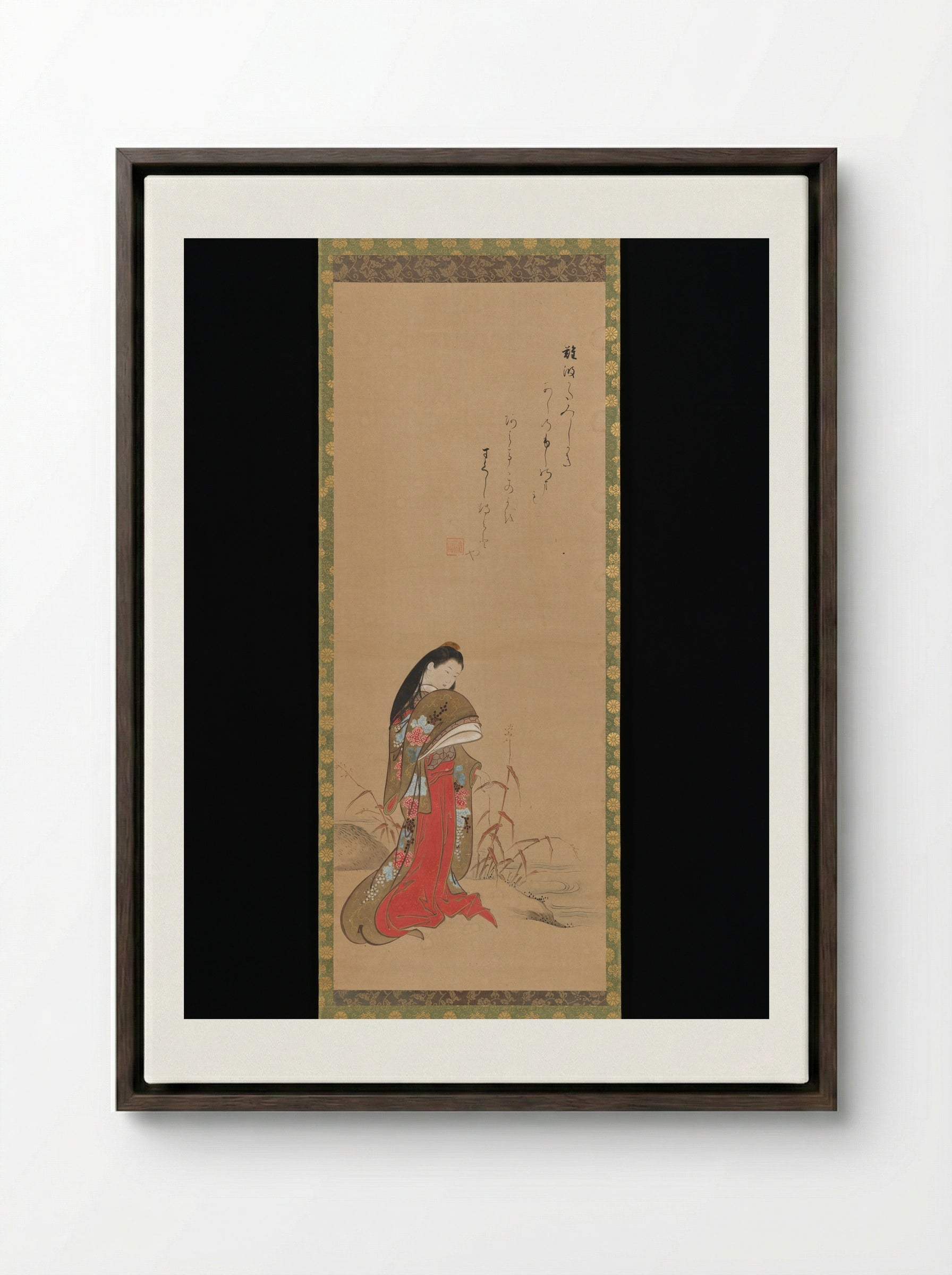 Lady Ise by the Riverbank - Nishikawa Sukenobu - Framed Canvas Dark Wood