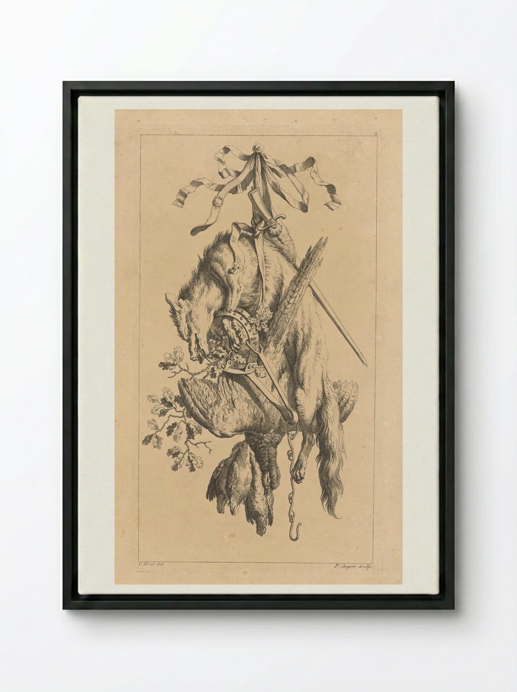 Trofee met vos en vogels - François Vivares - Framed Canvas Black