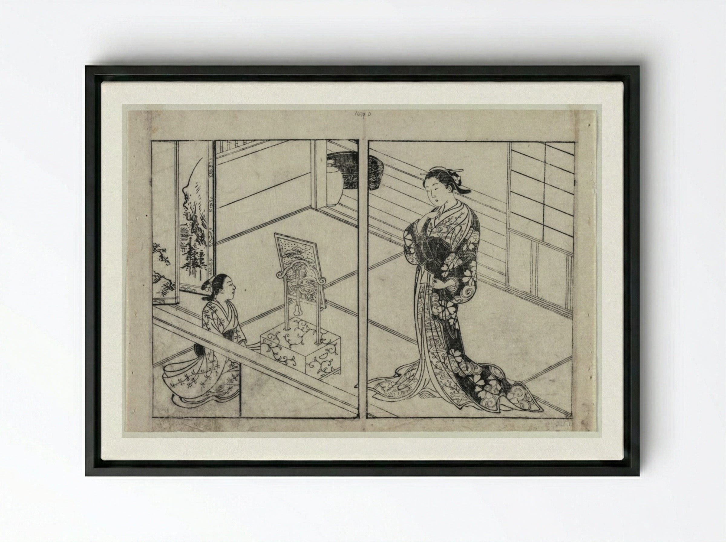 Woman and Child Beside a Mirror Stand - Nishikawa Sukenobu - Framed Canvas Black