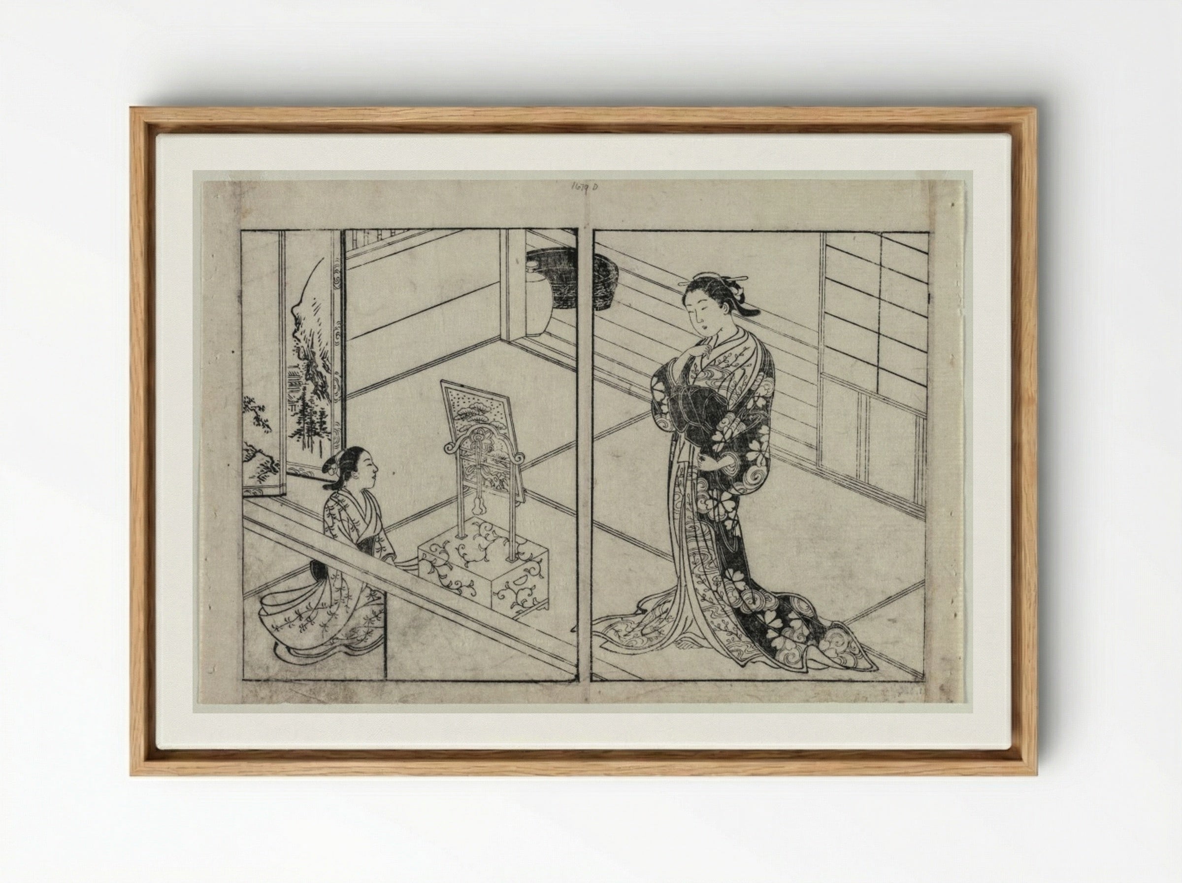 Woman and Child Beside a Mirror Stand - Nishikawa Sukenobu - Framed Canvas Wood