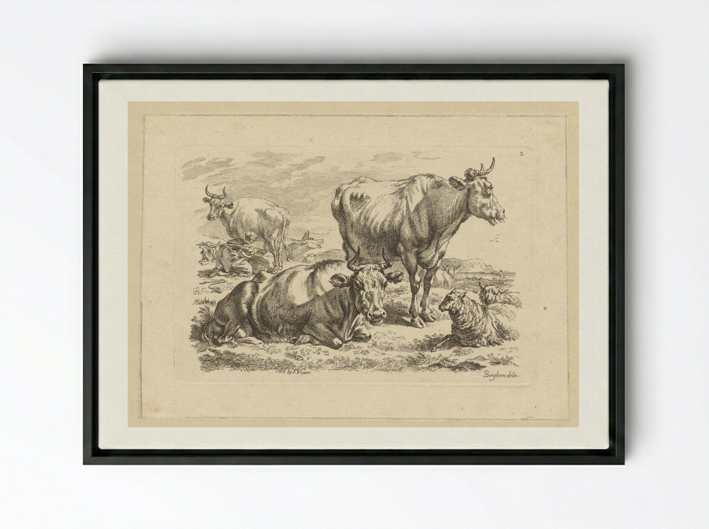 Staande en liggende runderen en een koe die gemolken wordt - François Vivares - Framed Canvas Black