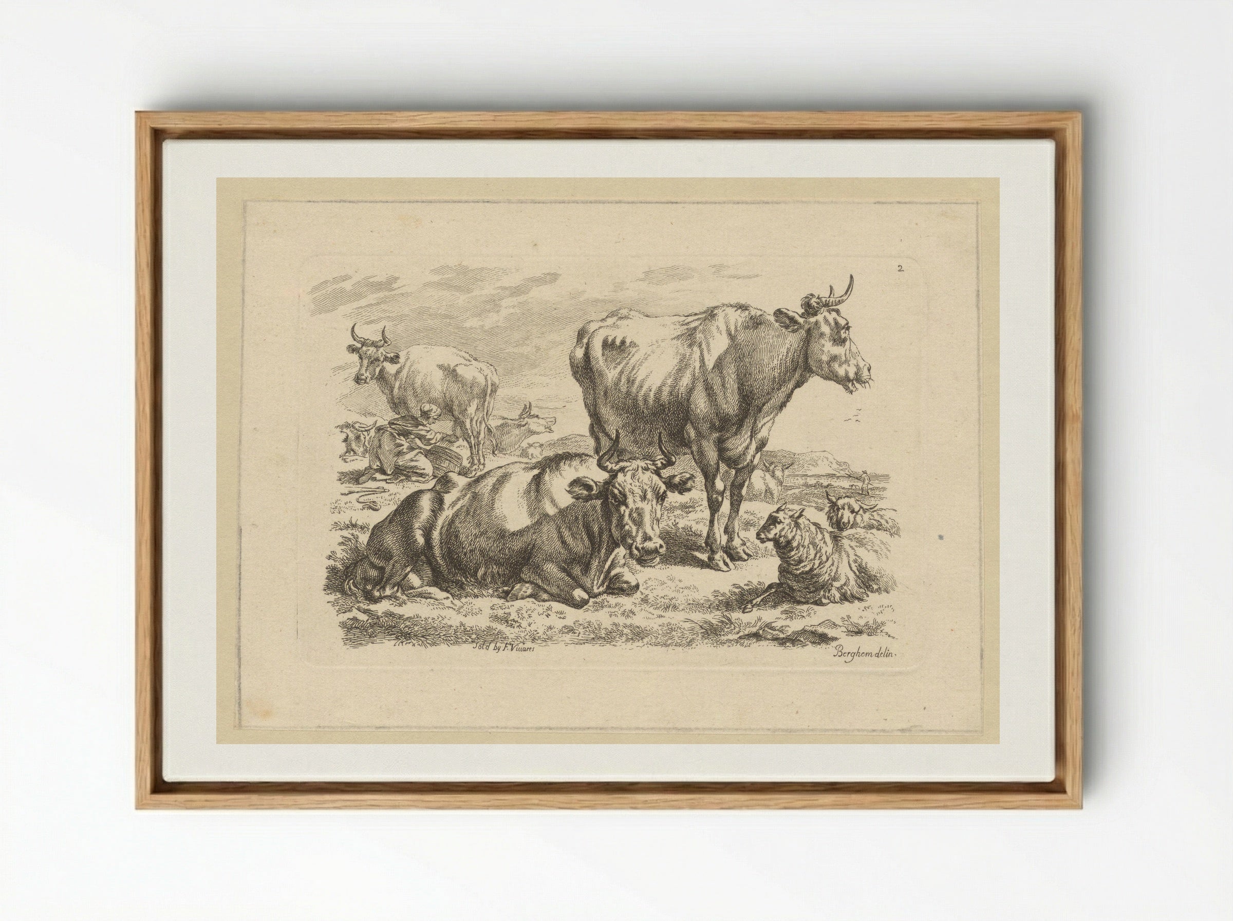 Staande en liggende runderen en een koe die gemolken wordt - François Vivares - Framed Canvas Wood