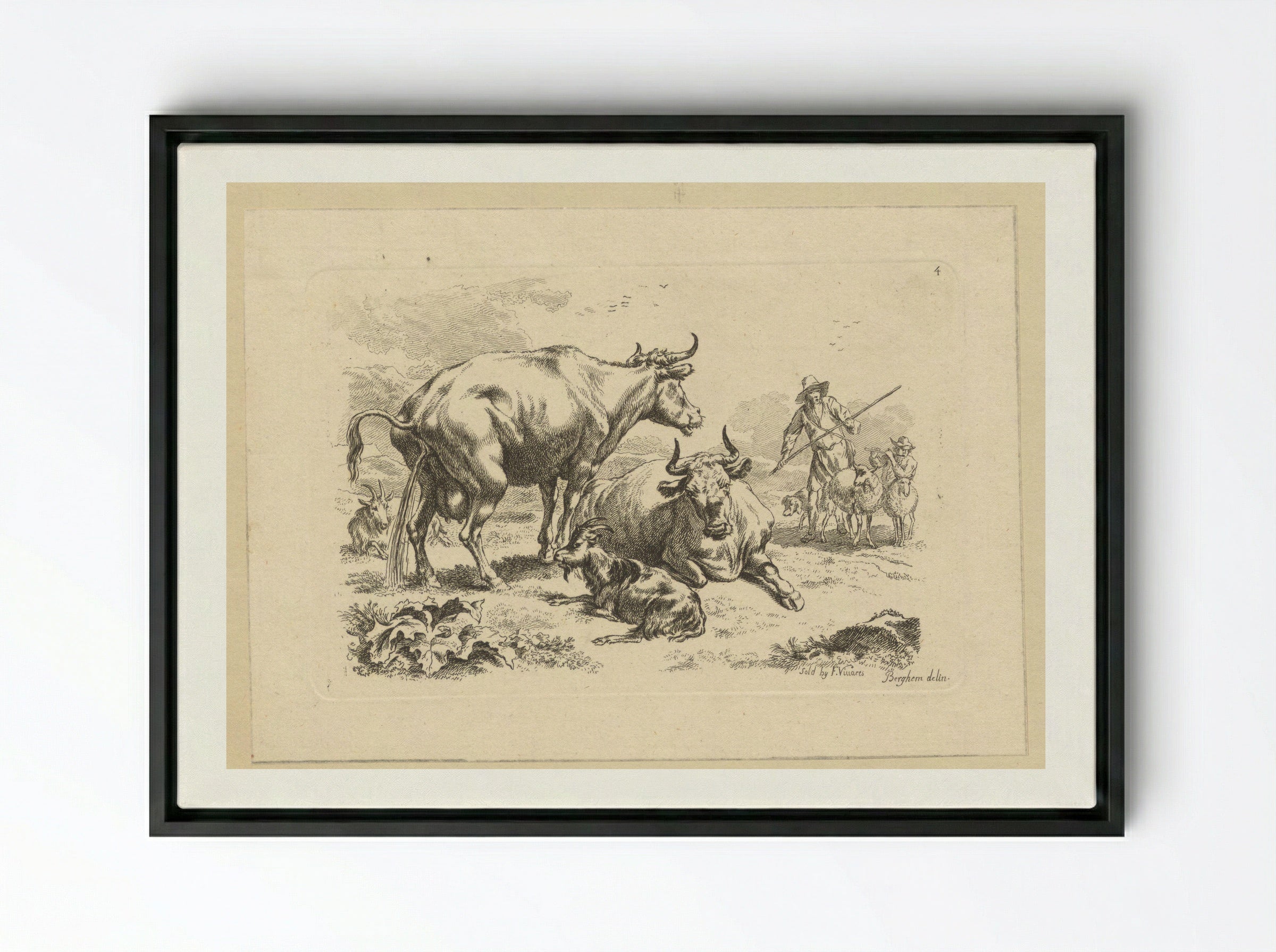 Plassende koe, een liggende koe, geiten en herders met schapen - François Vivares - Framed Canvas Black