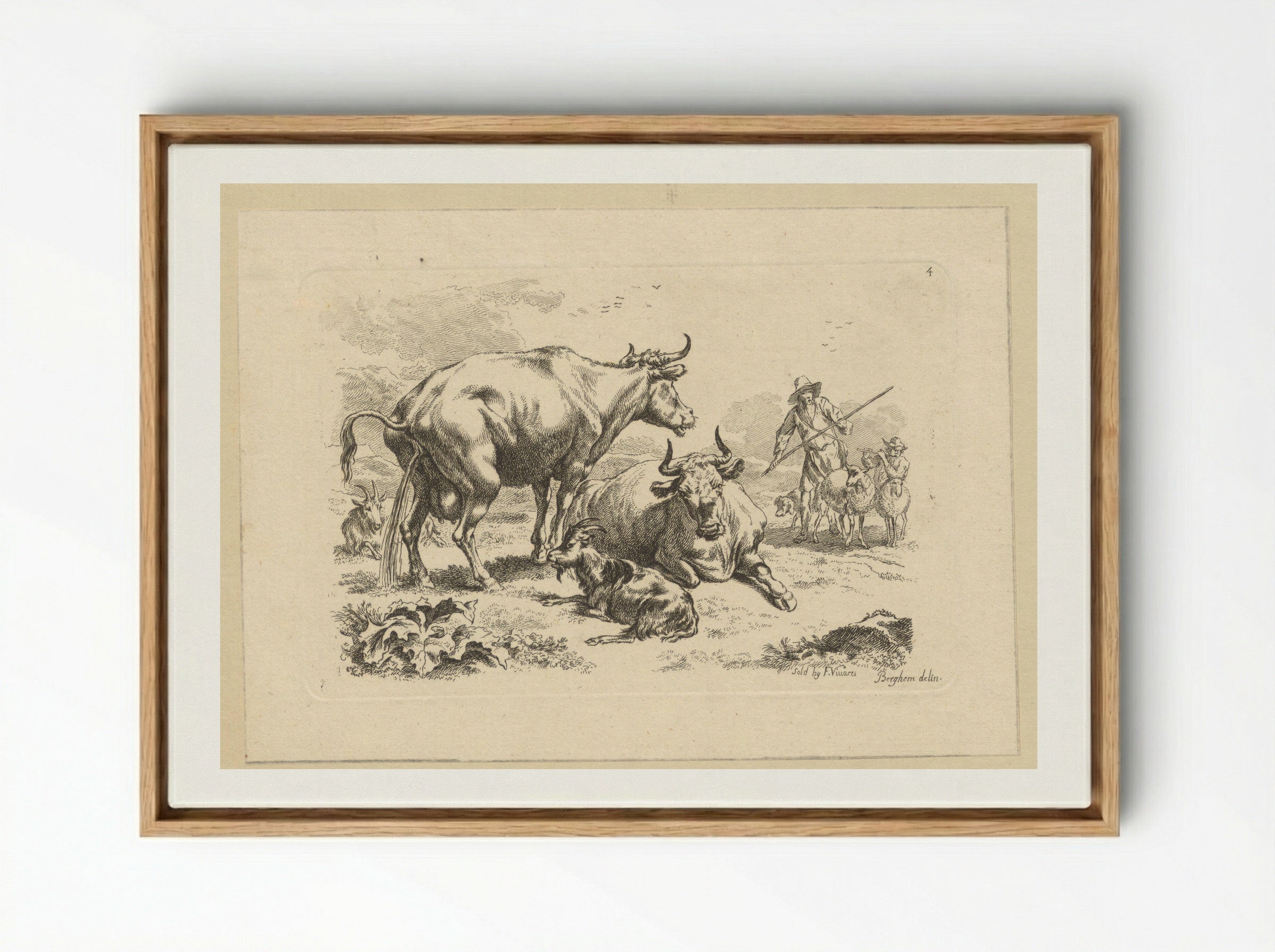 Plassende koe, een liggende koe, geiten en herders met schapen - François Vivares - Framed Canvas Wood