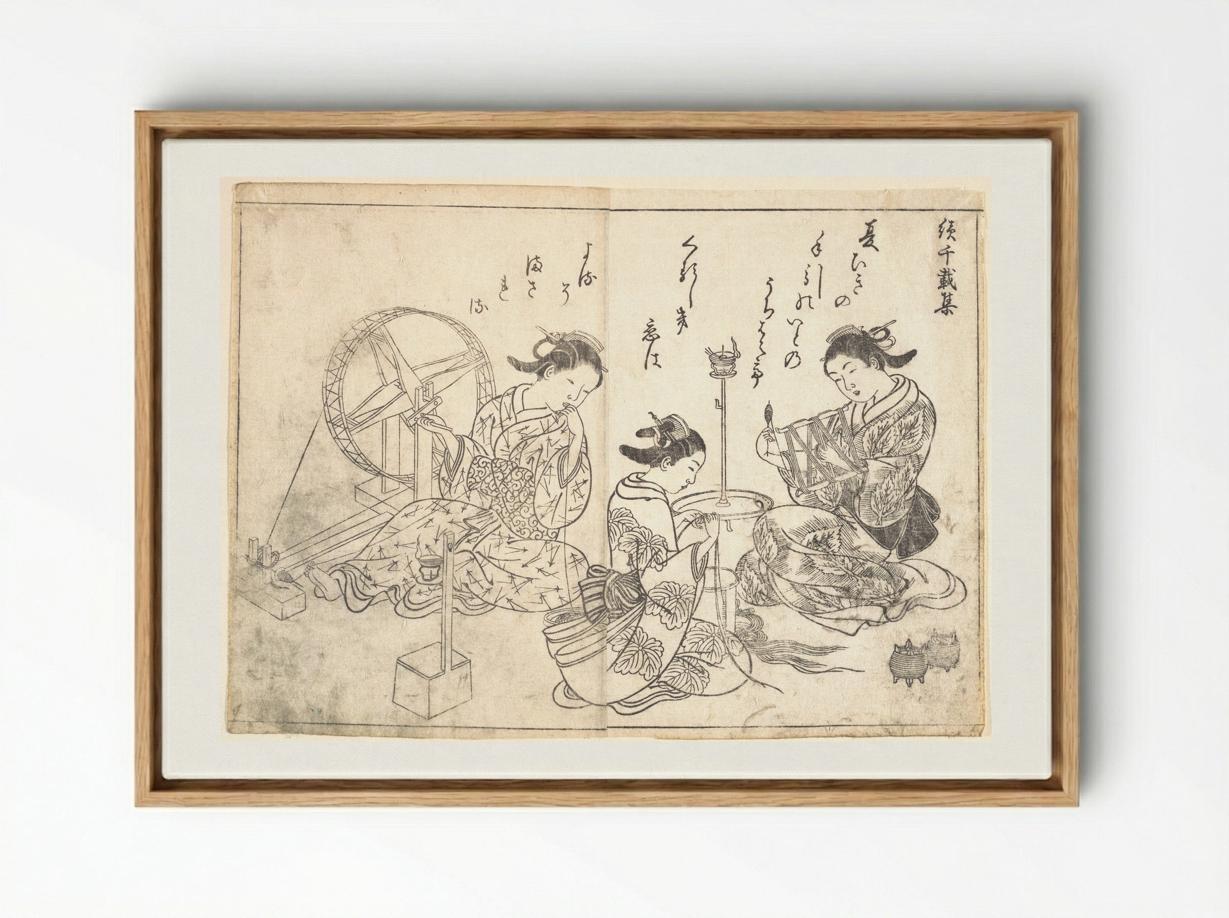 Three Courtesans Weaving Silk - Nishikawa Sukenobu - Framed Canvas Wood