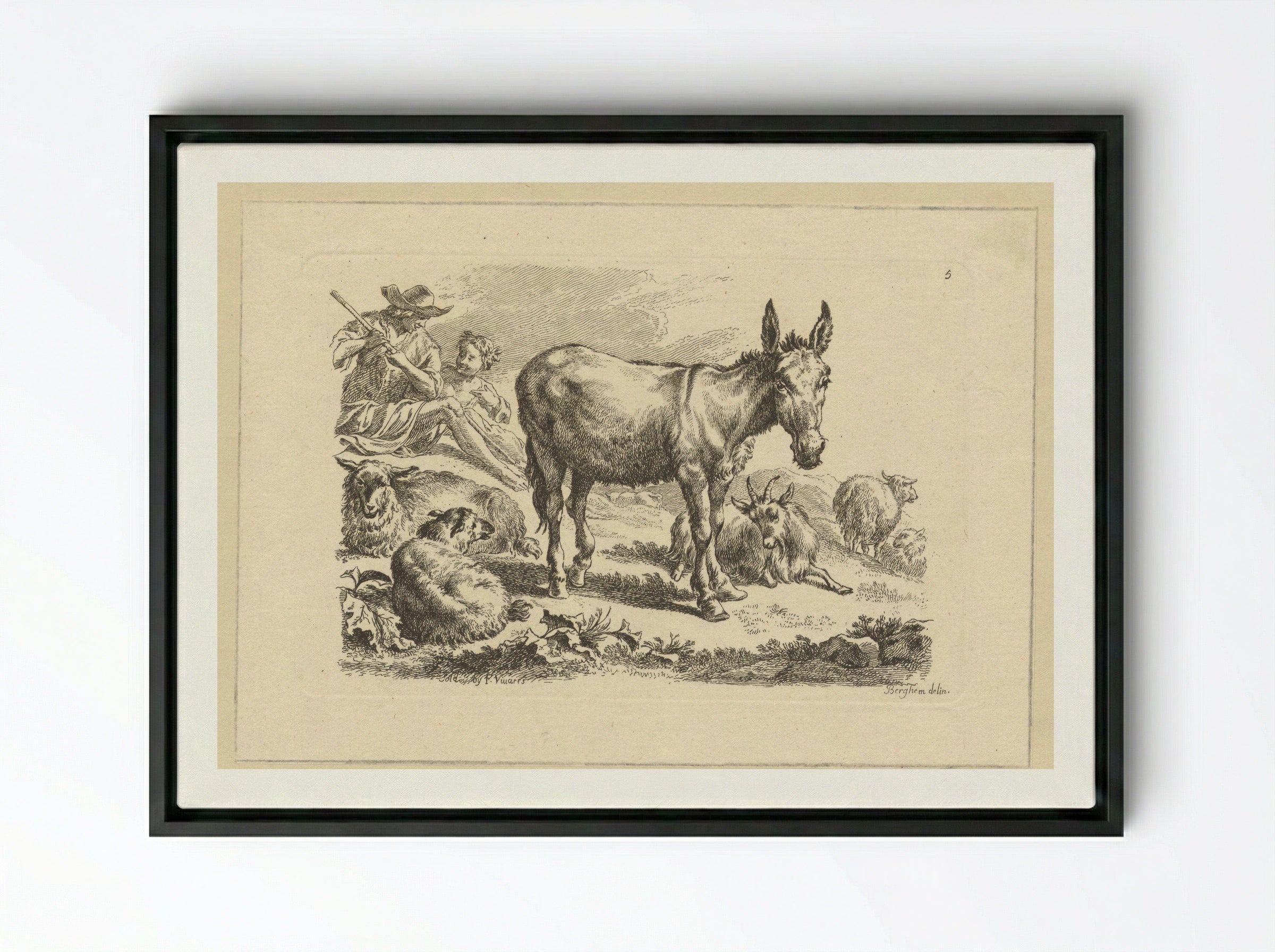Rustende herders met ezel - François Vivares - Framed Canvas Black