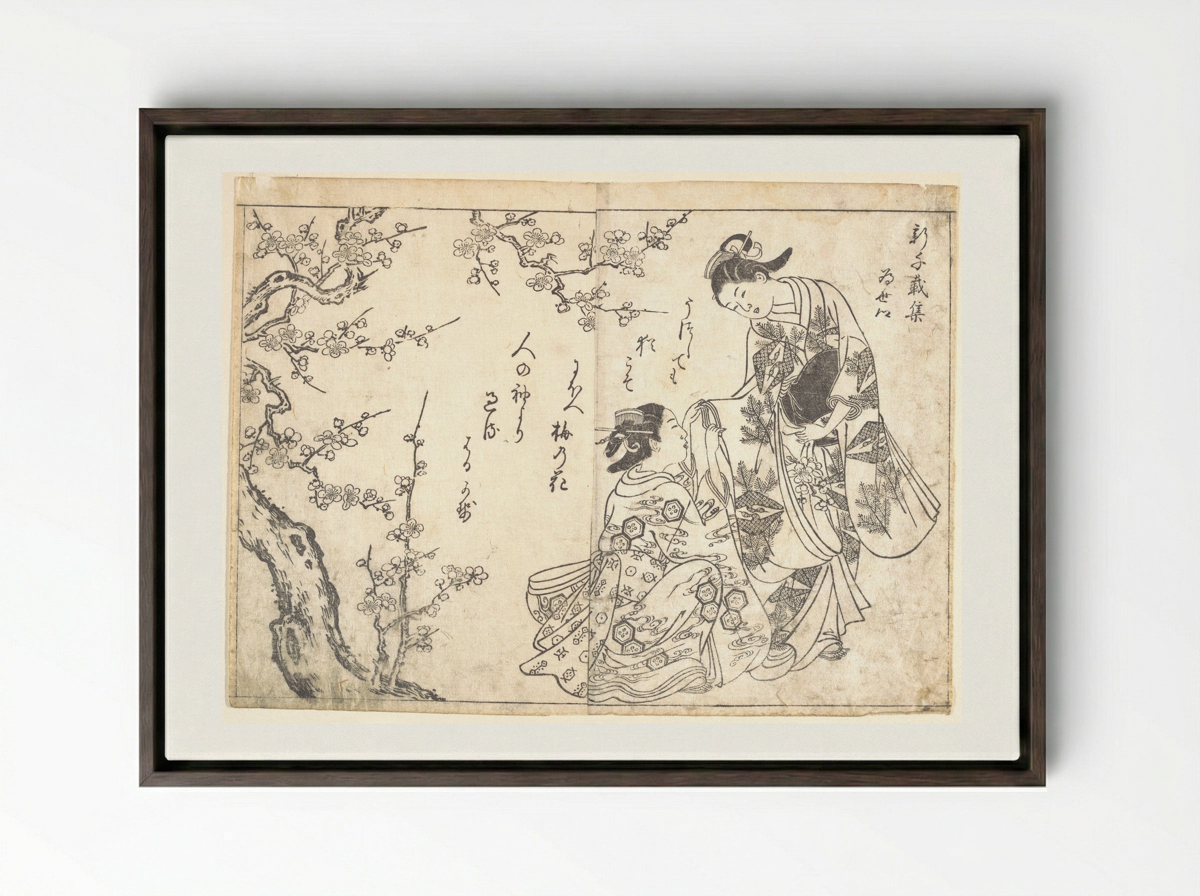 Two Girls Under Plum Tree - Nishikawa Sukenobu - Framed Canvas Dark Wood
