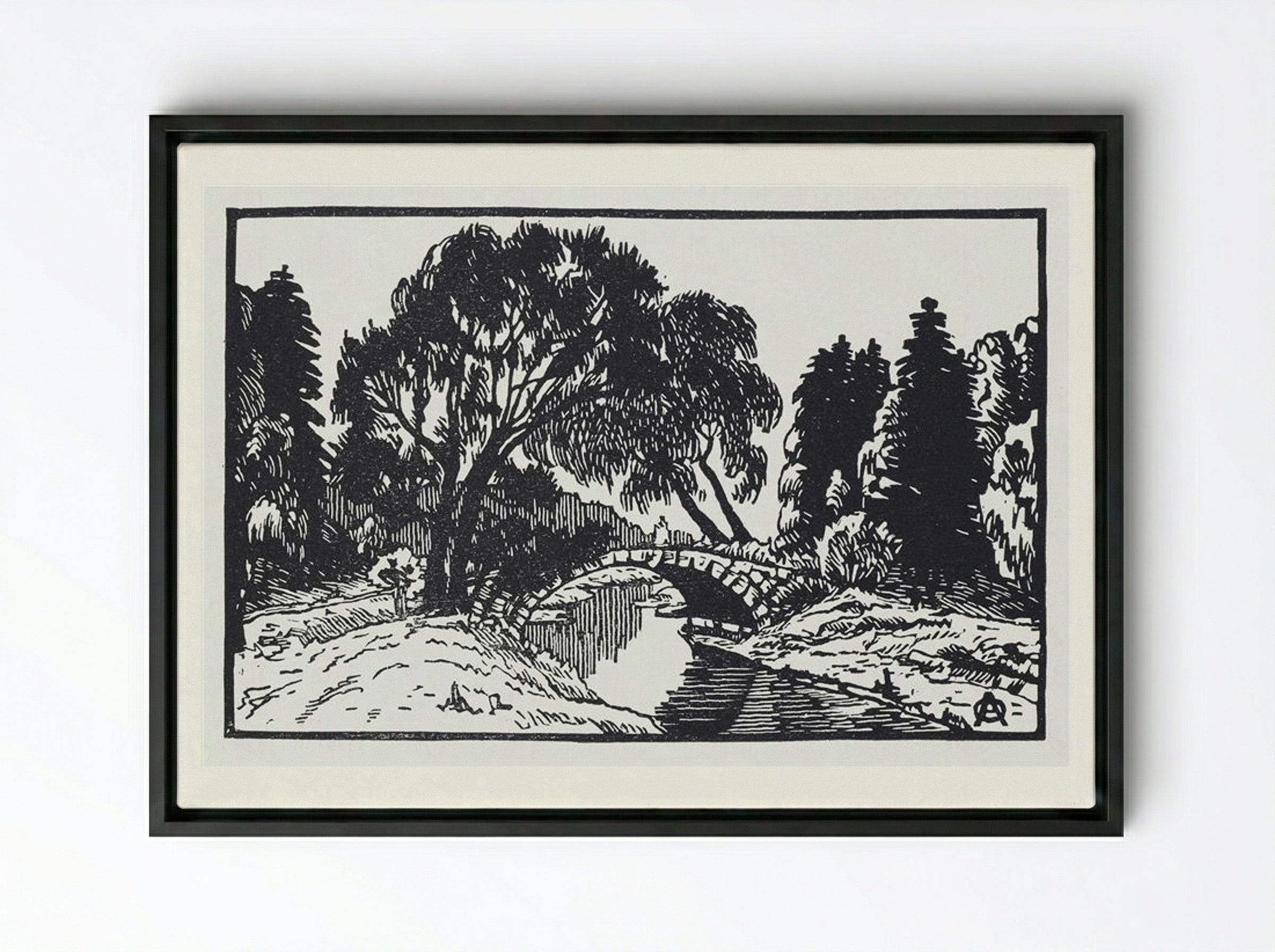 Willows near Novosilviysky Bridge - Anna Ostroumova-Lebedeva - Framed Canvas Black