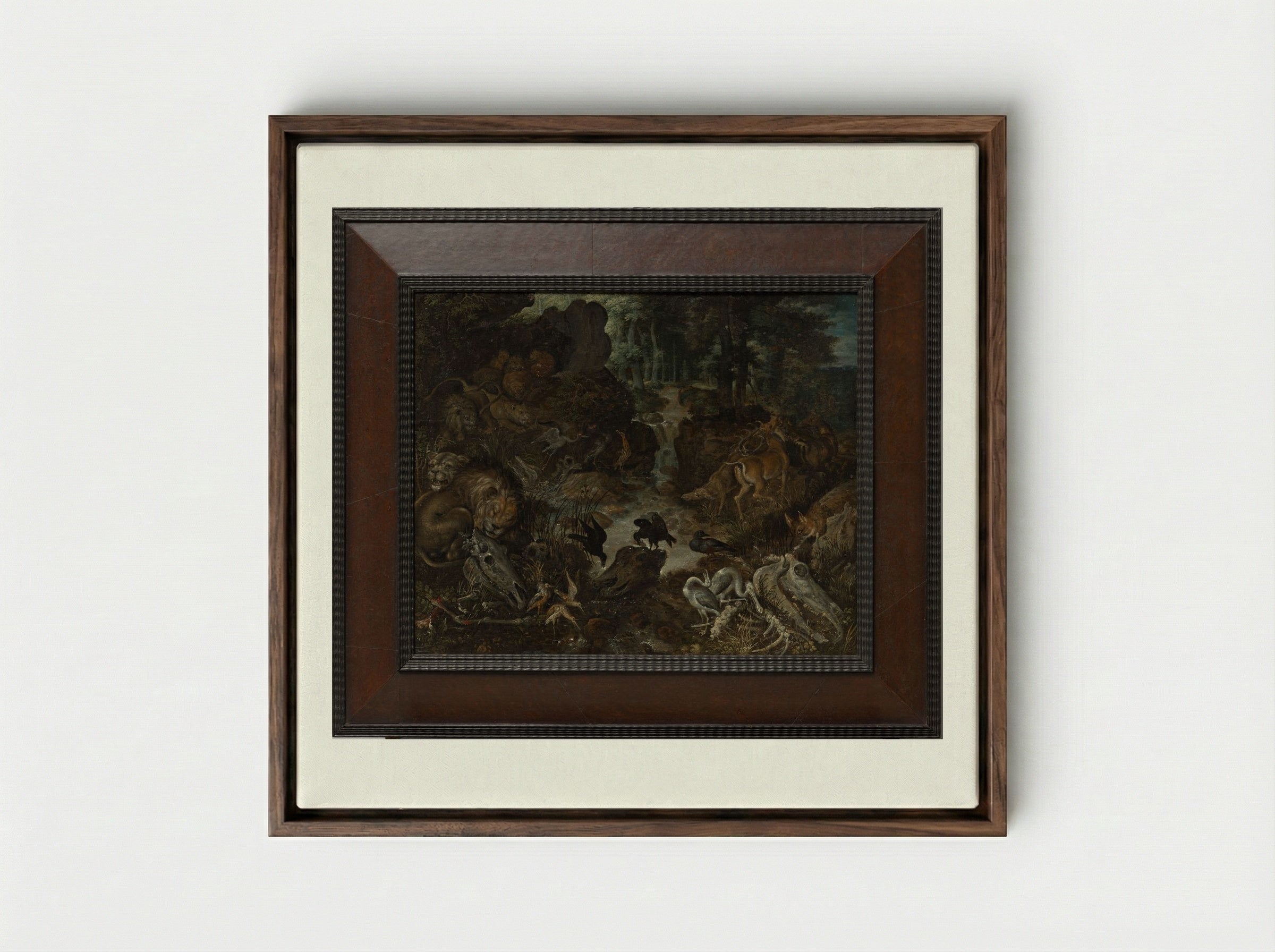 Lions and Fox in a Rugged Landscape - Roelant Savery - Framed Canvas Dark Wood