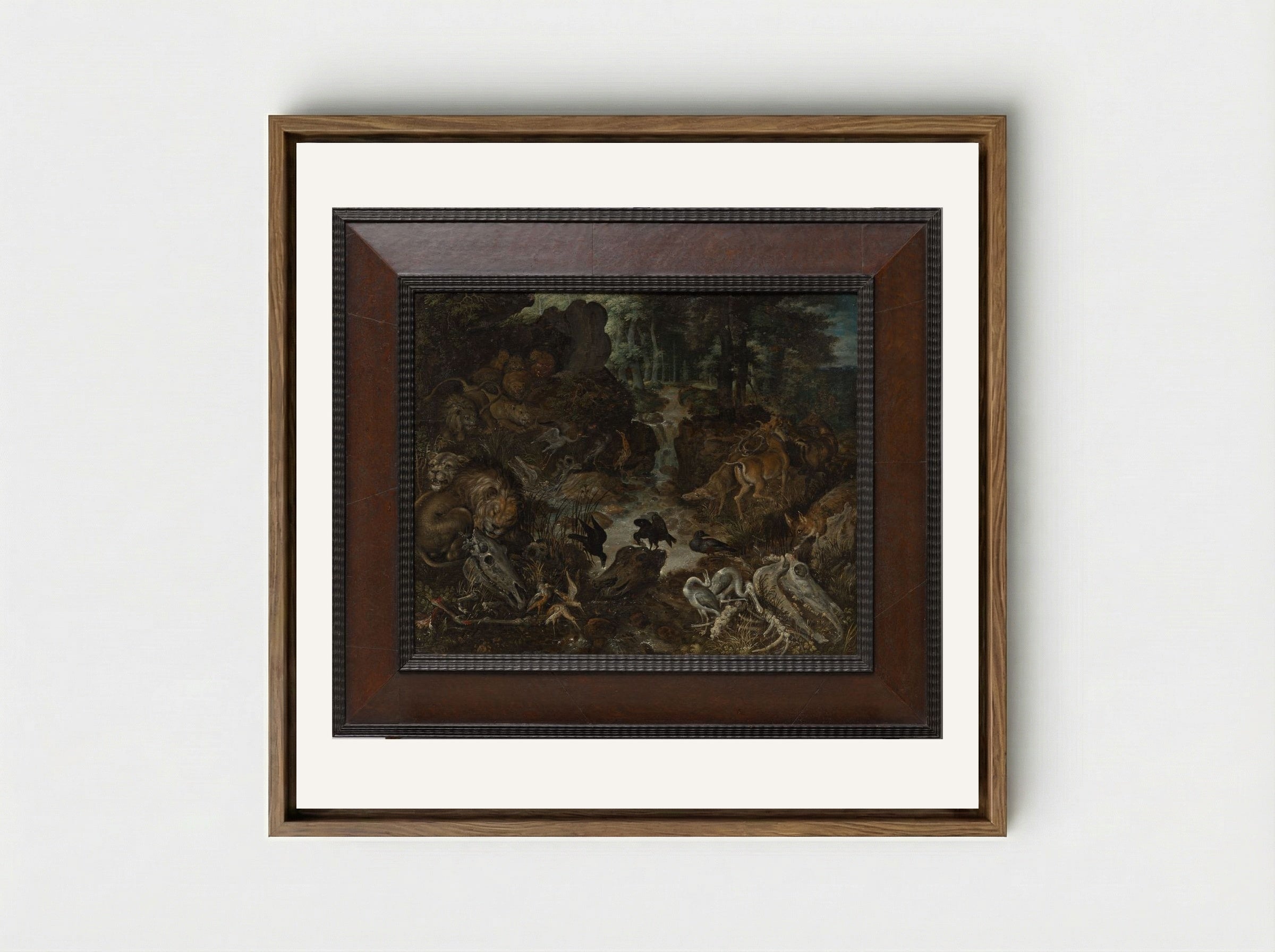 Lions and Fox in a Rugged Landscape - Roelant Savery - Framed Canvas Wood