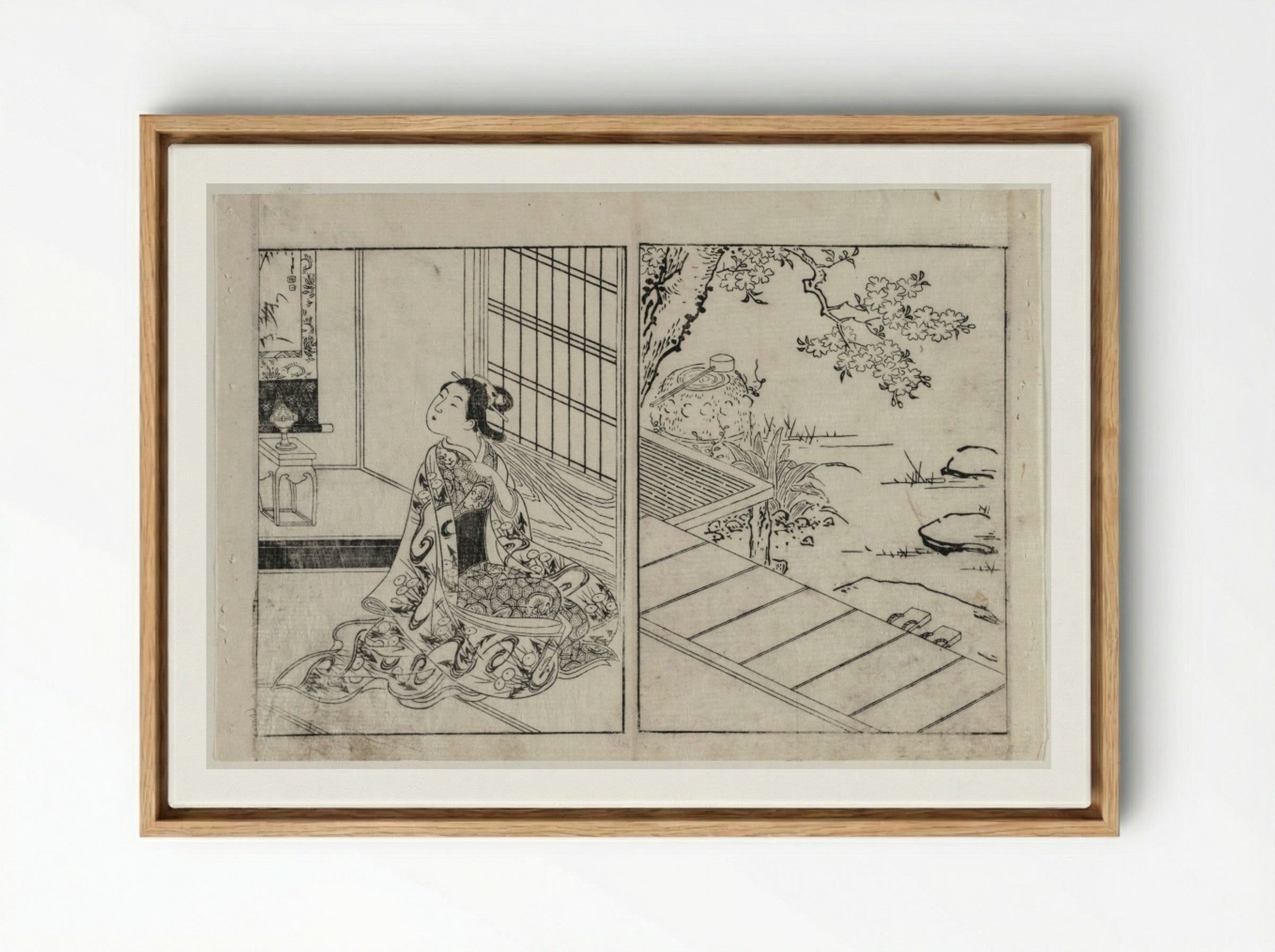Woman Looking at a Hanging Scroll - Nishikawa Sukenobu - Framed Canvas Wood