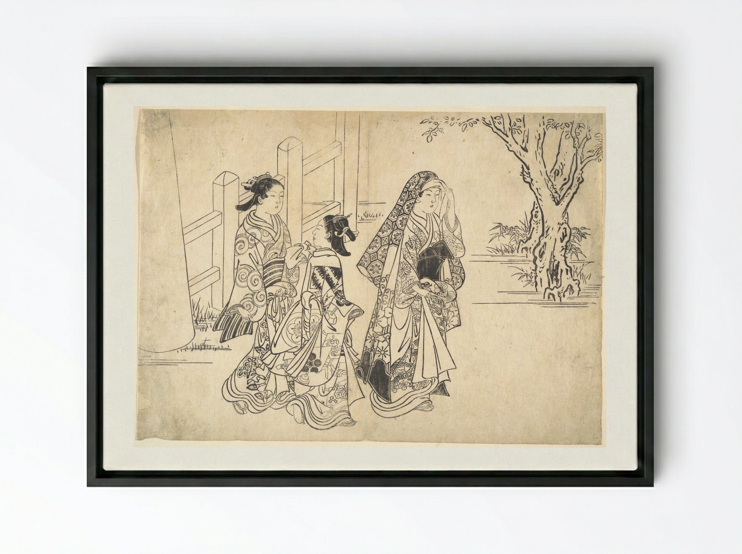 A Courtesan Followed by Two Girl Attendants - Nishikawa Sukenobu - Framed Canvas Black