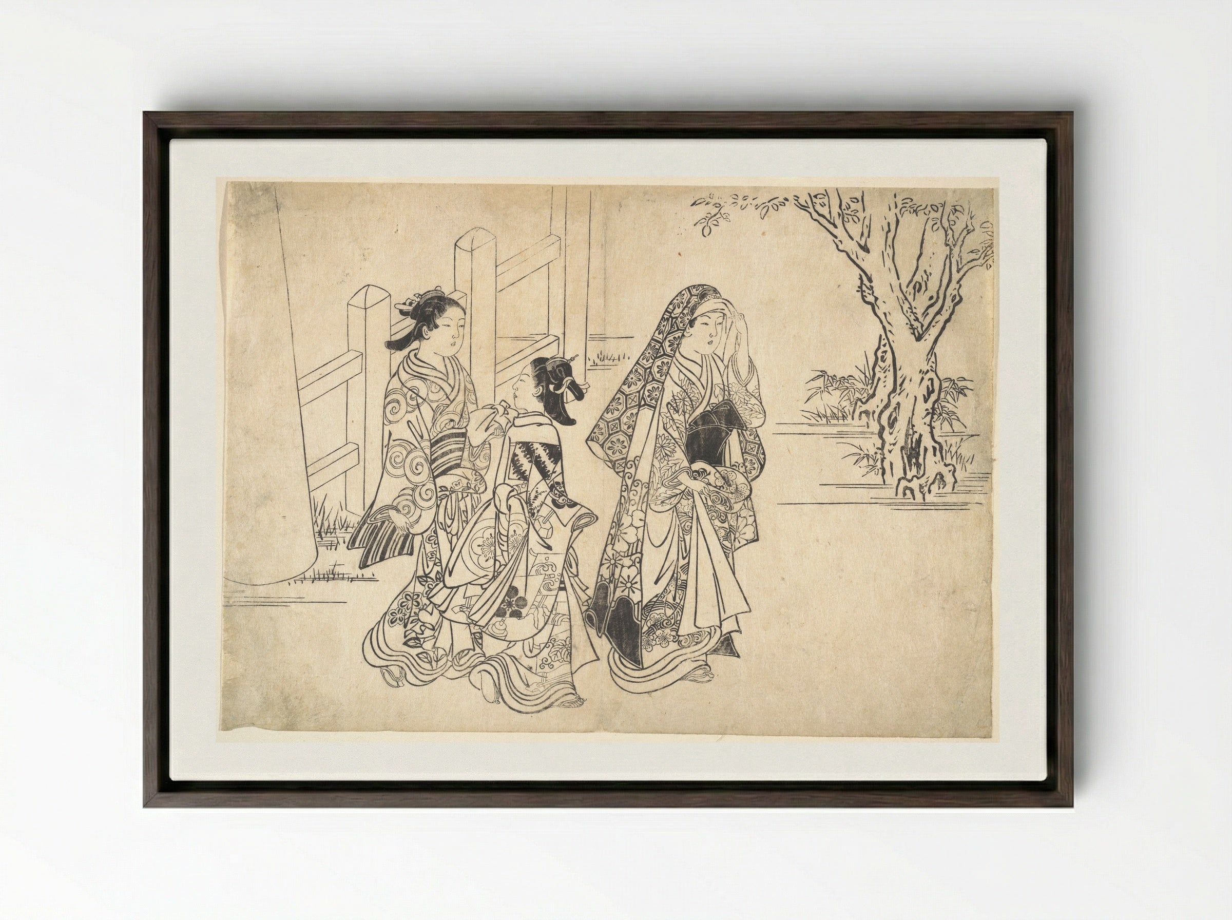 A Courtesan Followed by Two Girl Attendants - Nishikawa Sukenobu - Framed Canvas Dark Wood
