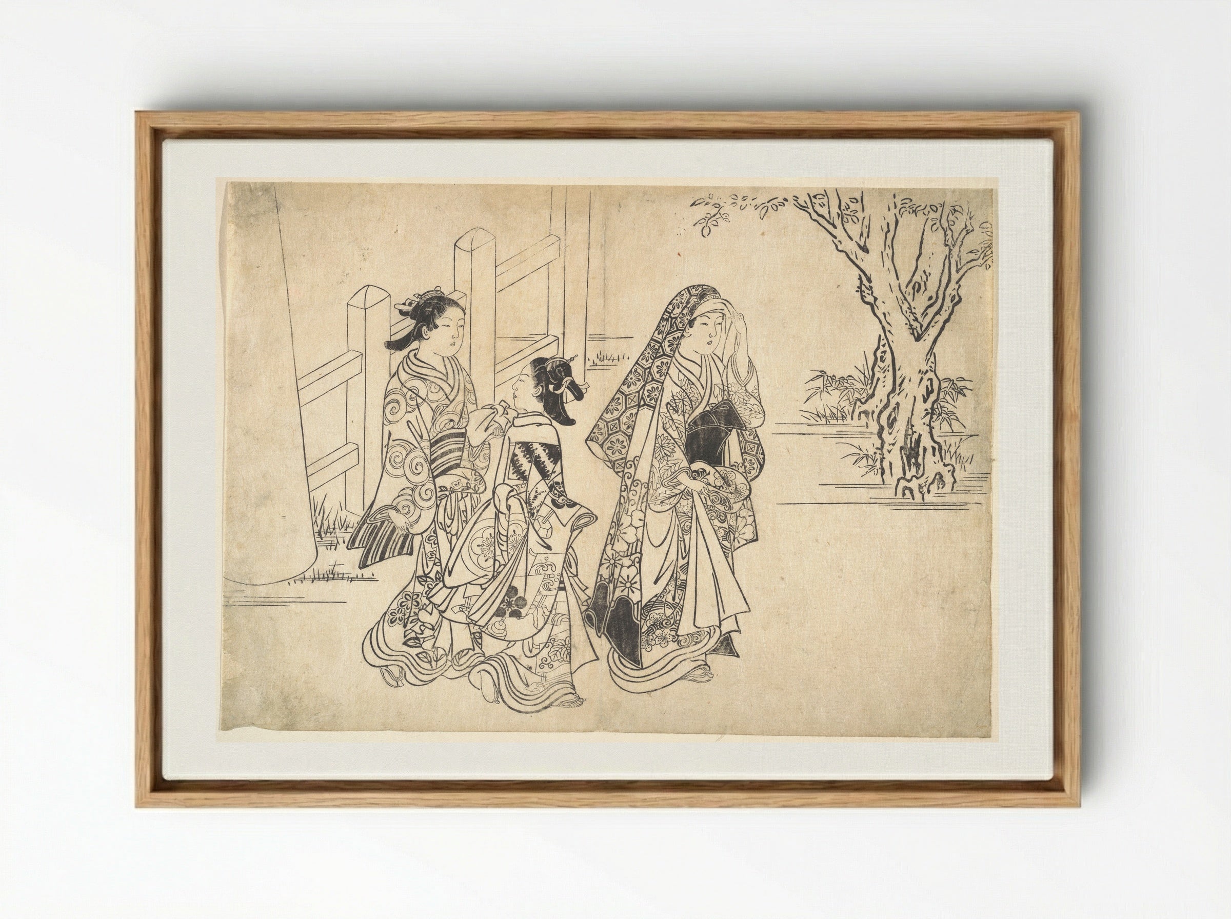 A Courtesan Followed by Two Girl Attendants - Nishikawa Sukenobu - Framed Canvas Wood