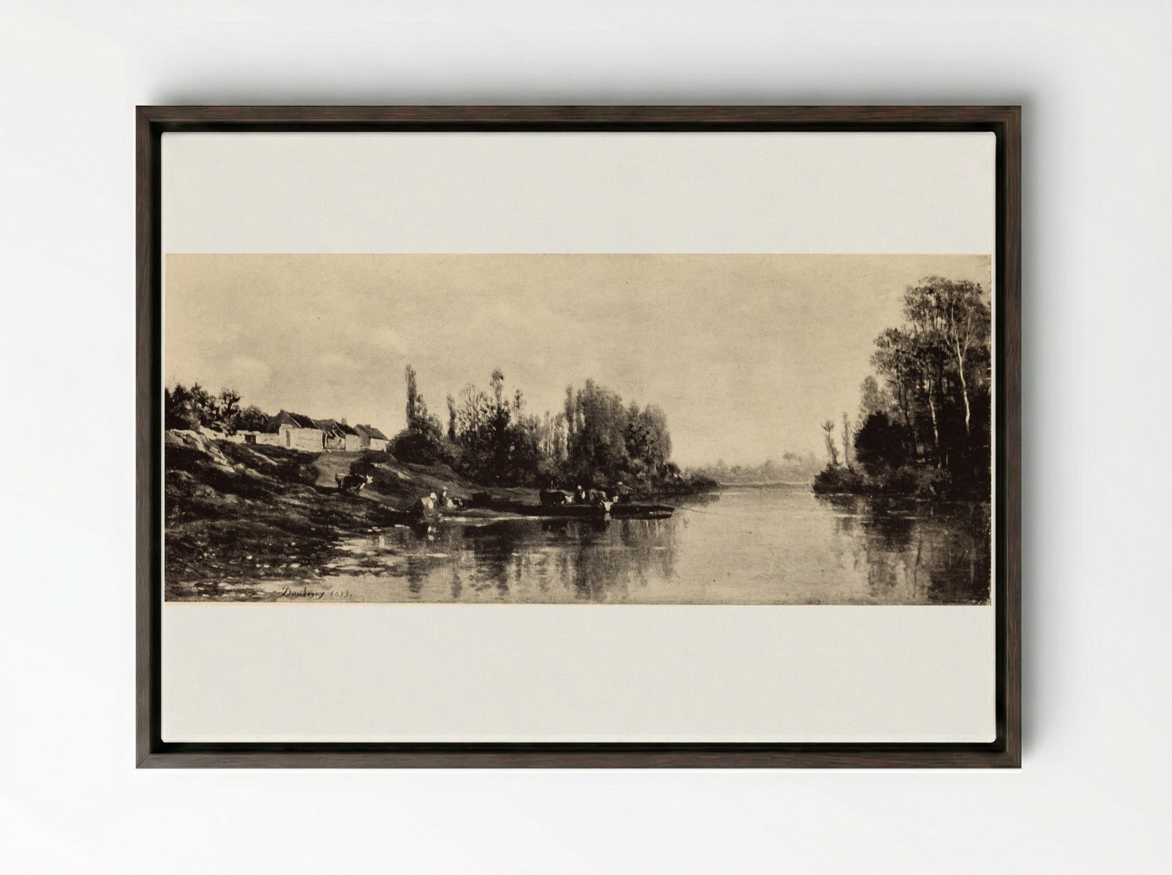 A Bend in the River Oise - Charles-Francois Daubigny - Framed Canvas Dark Wood