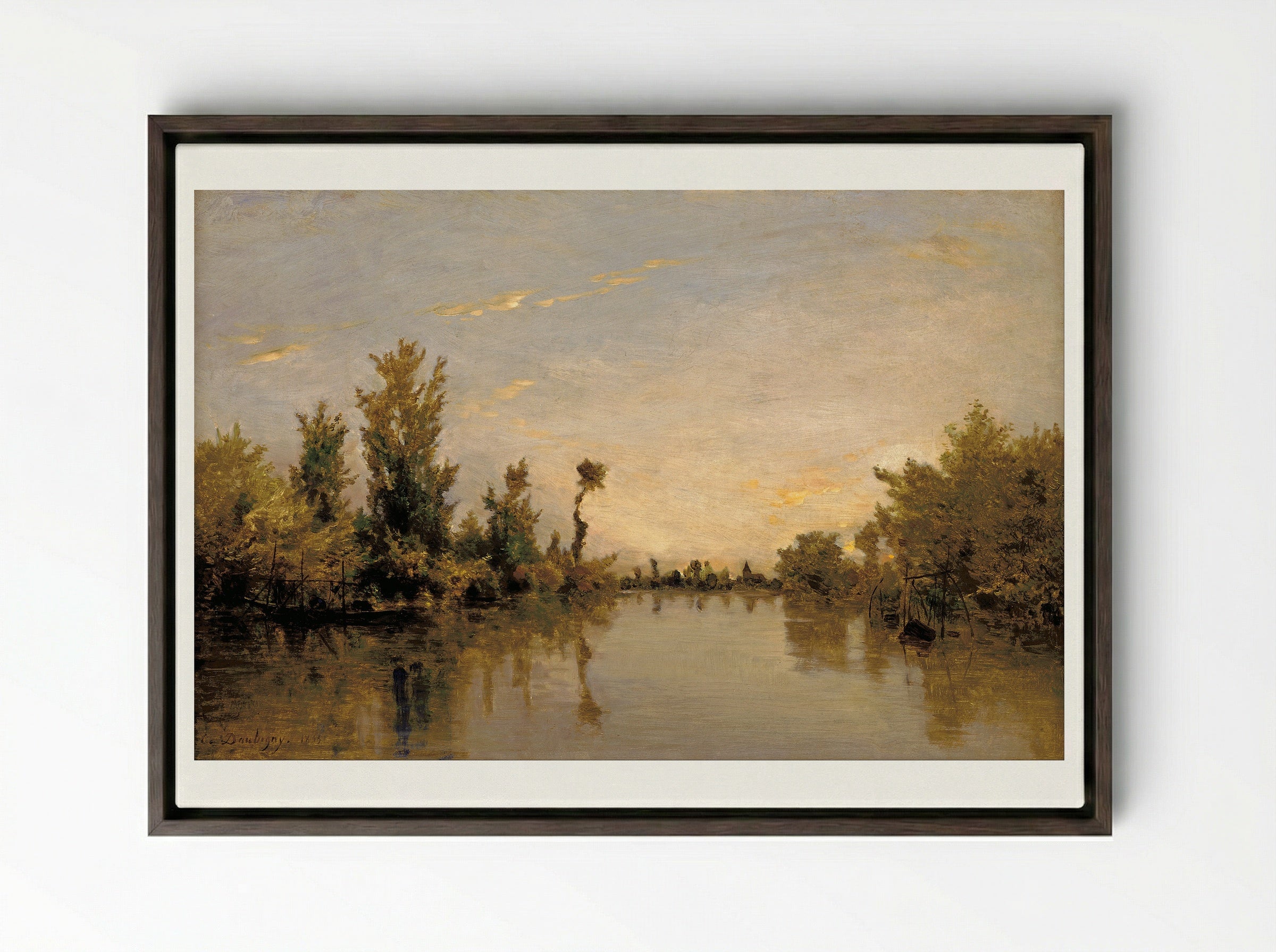 The Banks of the Seine - Charles-François Daubigny - Framed Canvas Dark Wood