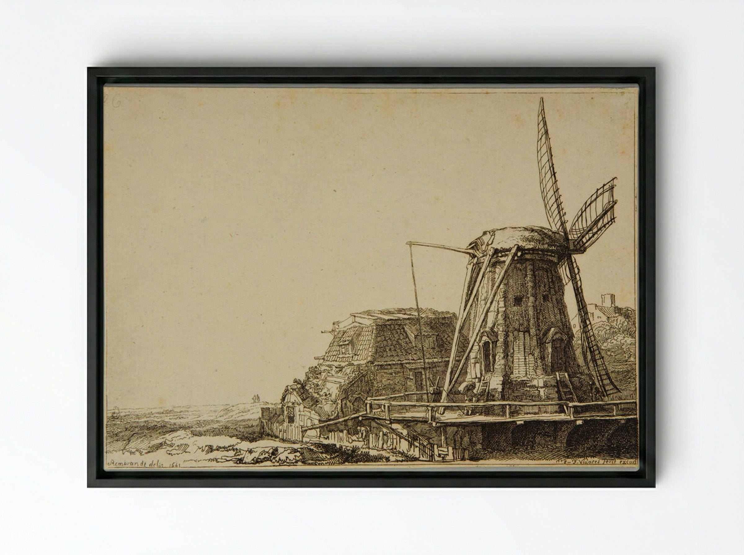 The Windmill (After Rembrandt) - François Vivares - Framed Canvas Black