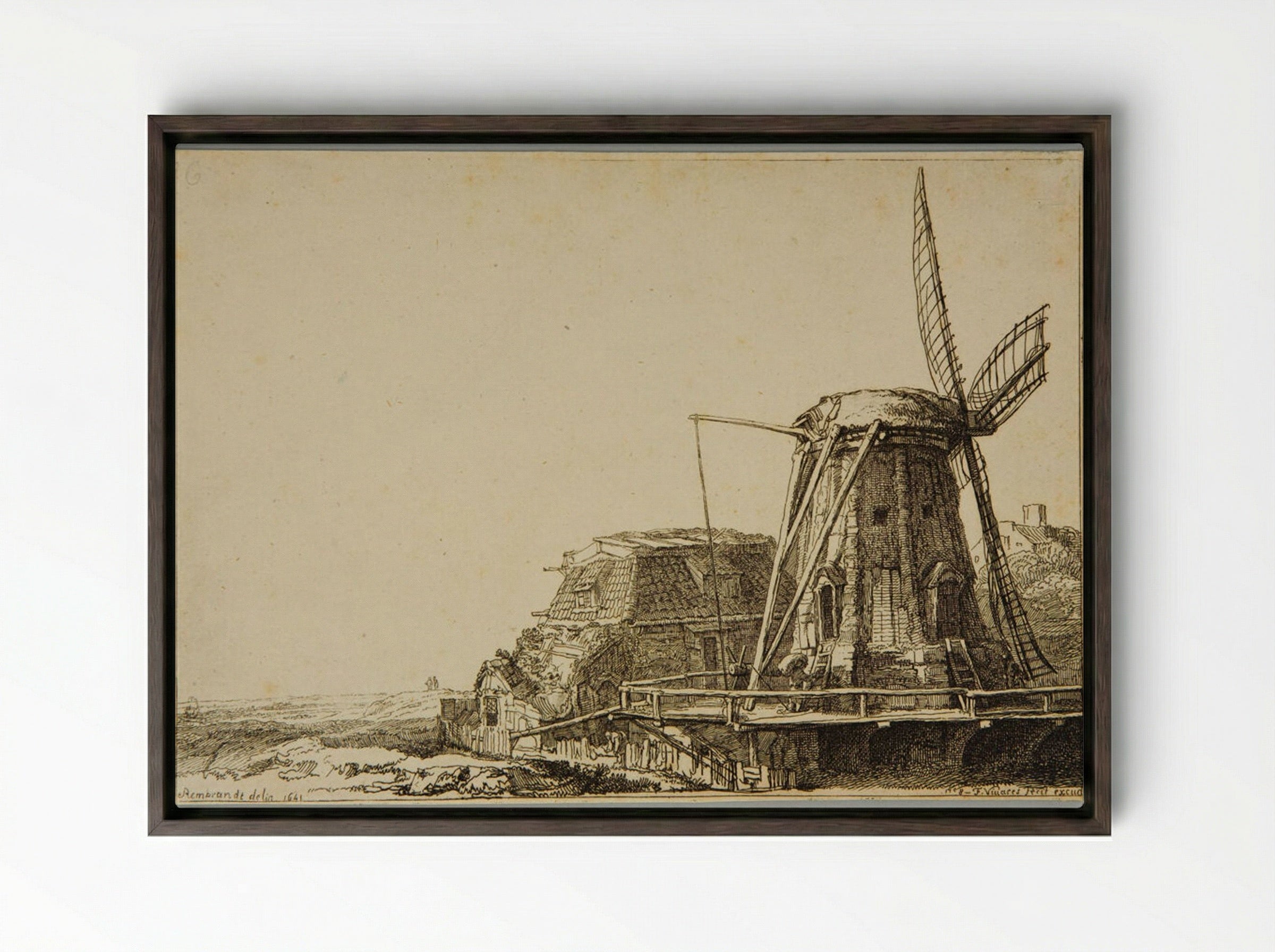 The Windmill (After Rembrandt) - François Vivares - Framed Canvas Dark Wood