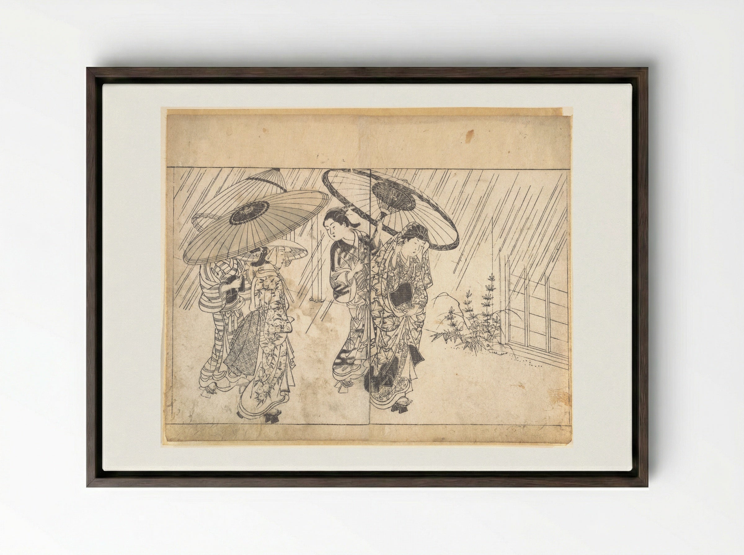 A Lady with Three Attendants in the Rain - Nishikawa Sukenobu - Framed Canvas Dark Wood