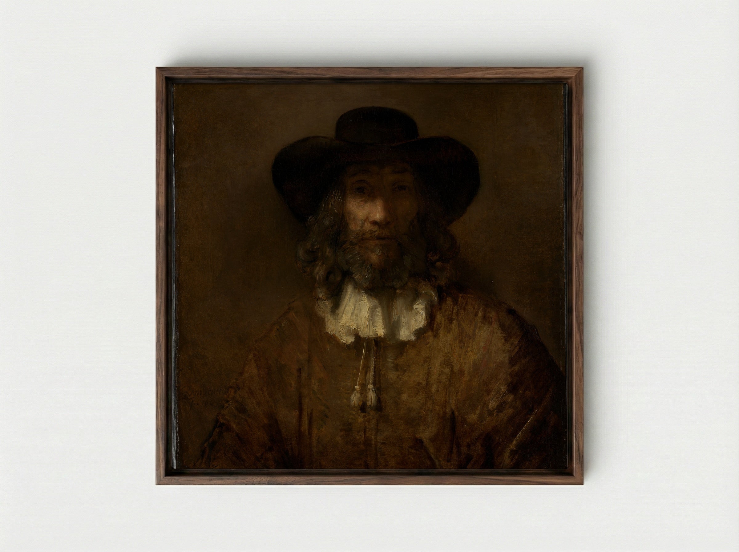 Man with a Beard - Rembrandt van Rijn - Framed Canvas Dark Wood