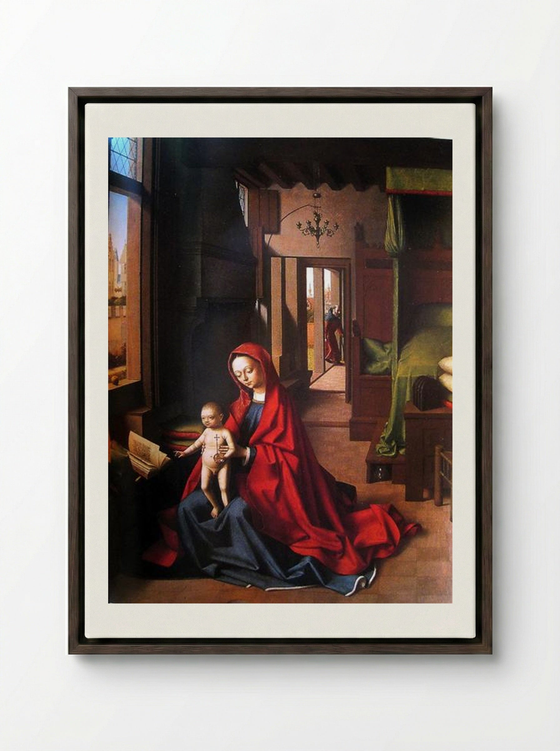 The Virgin and Child in a Gothic Interior - Petrus Christus - Framed Canvas Dark Wood