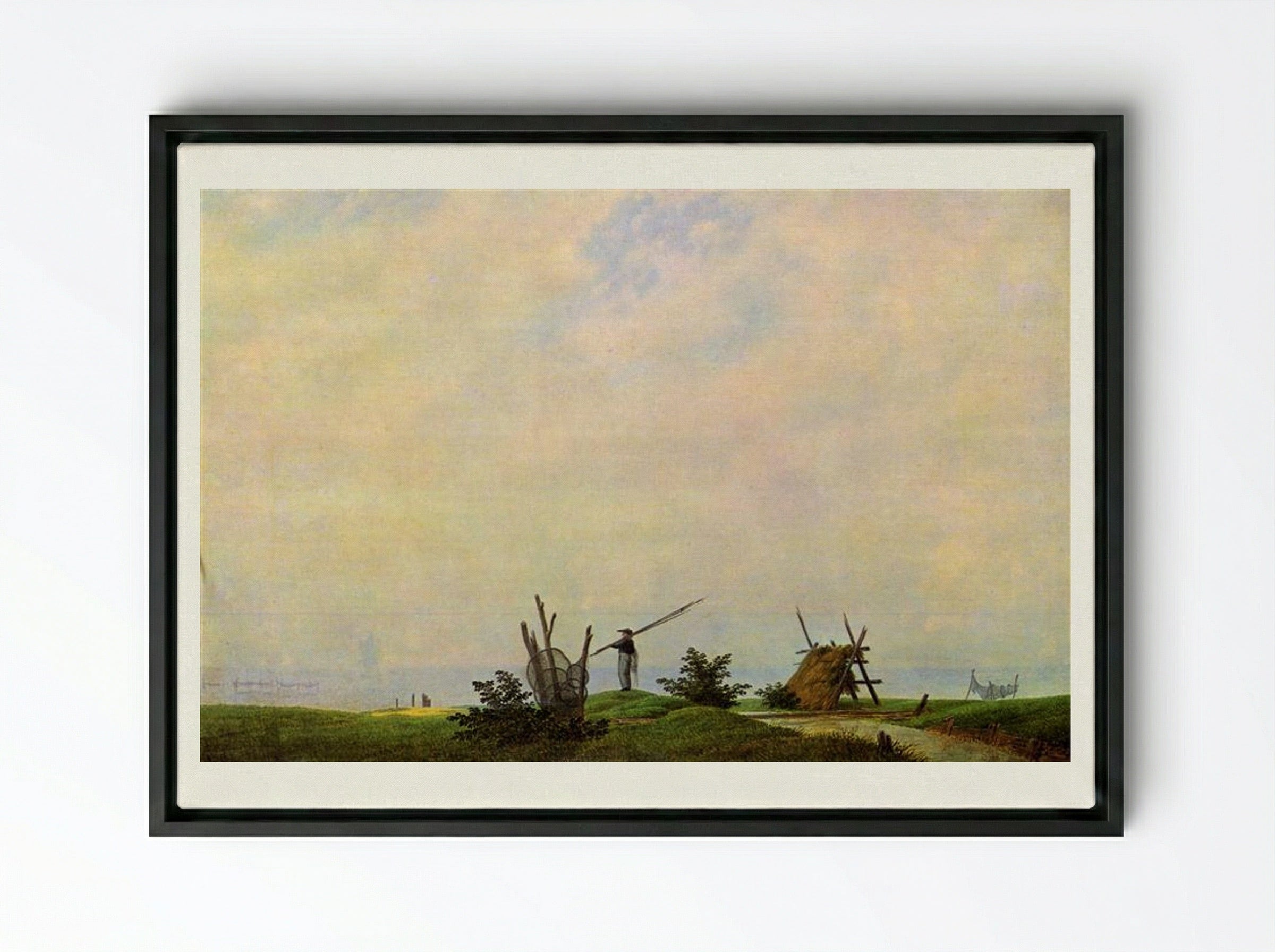 Sea beach with fisherman - Caspar David Friedrich - Framed Canvas Black