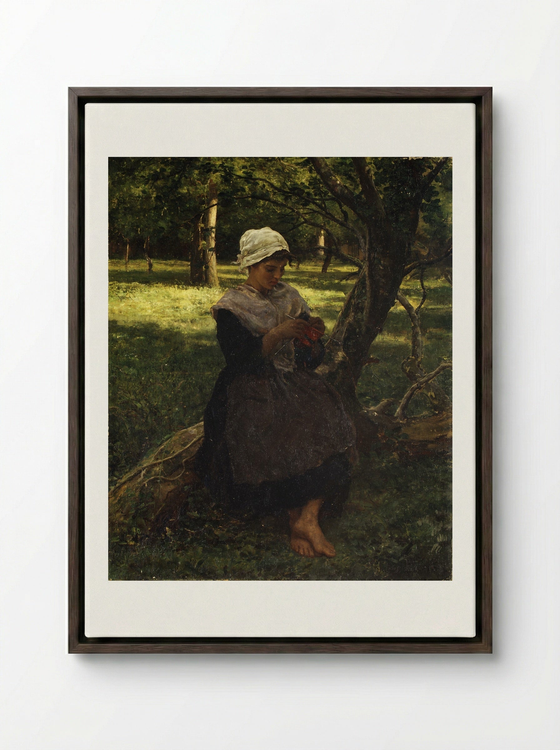 A Peasant Girl Knitting - Jules Breton - Framed Canvas Dark Wood
