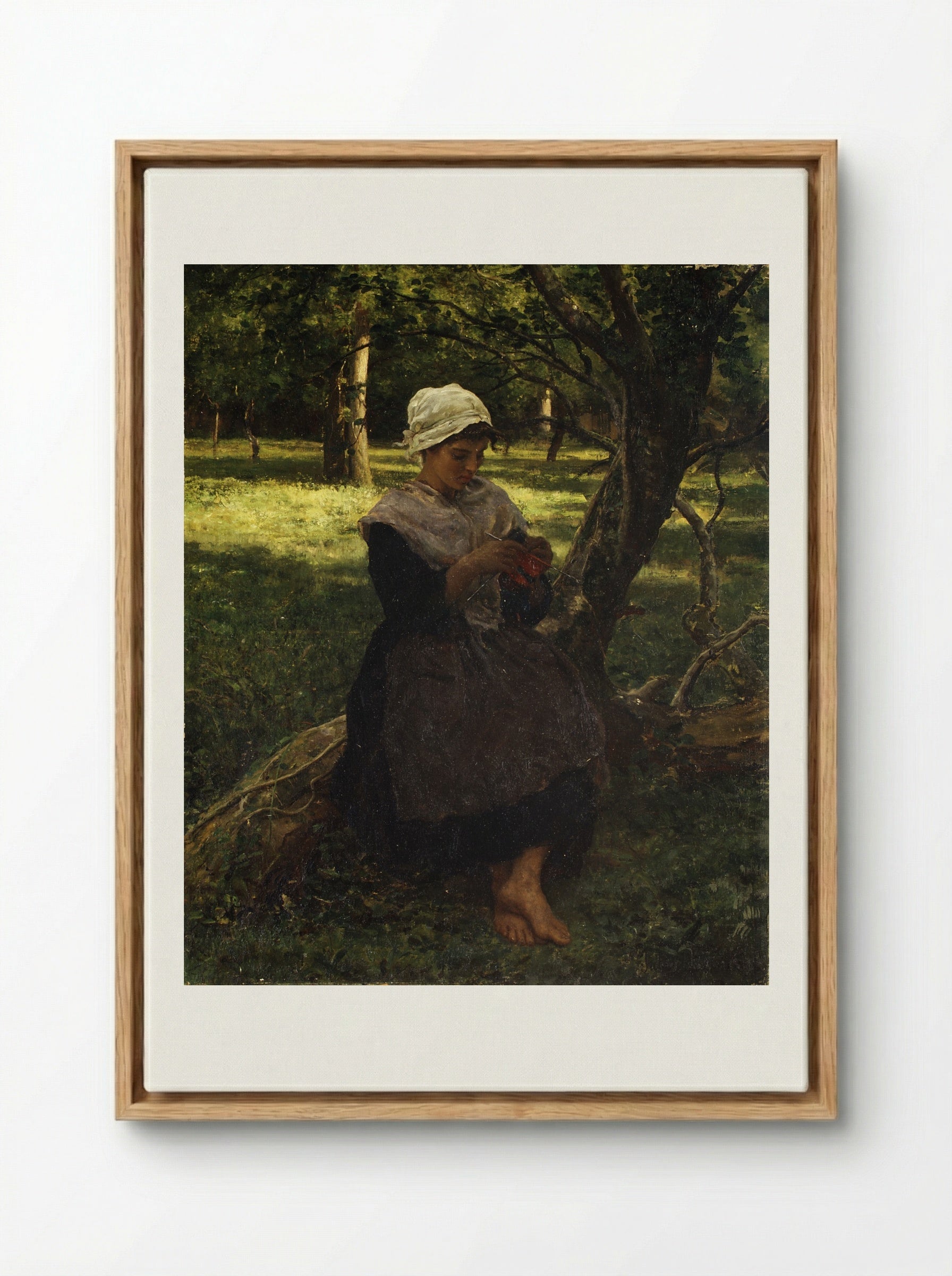 A Peasant Girl Knitting - Jules Breton - Framed Canvas Wood