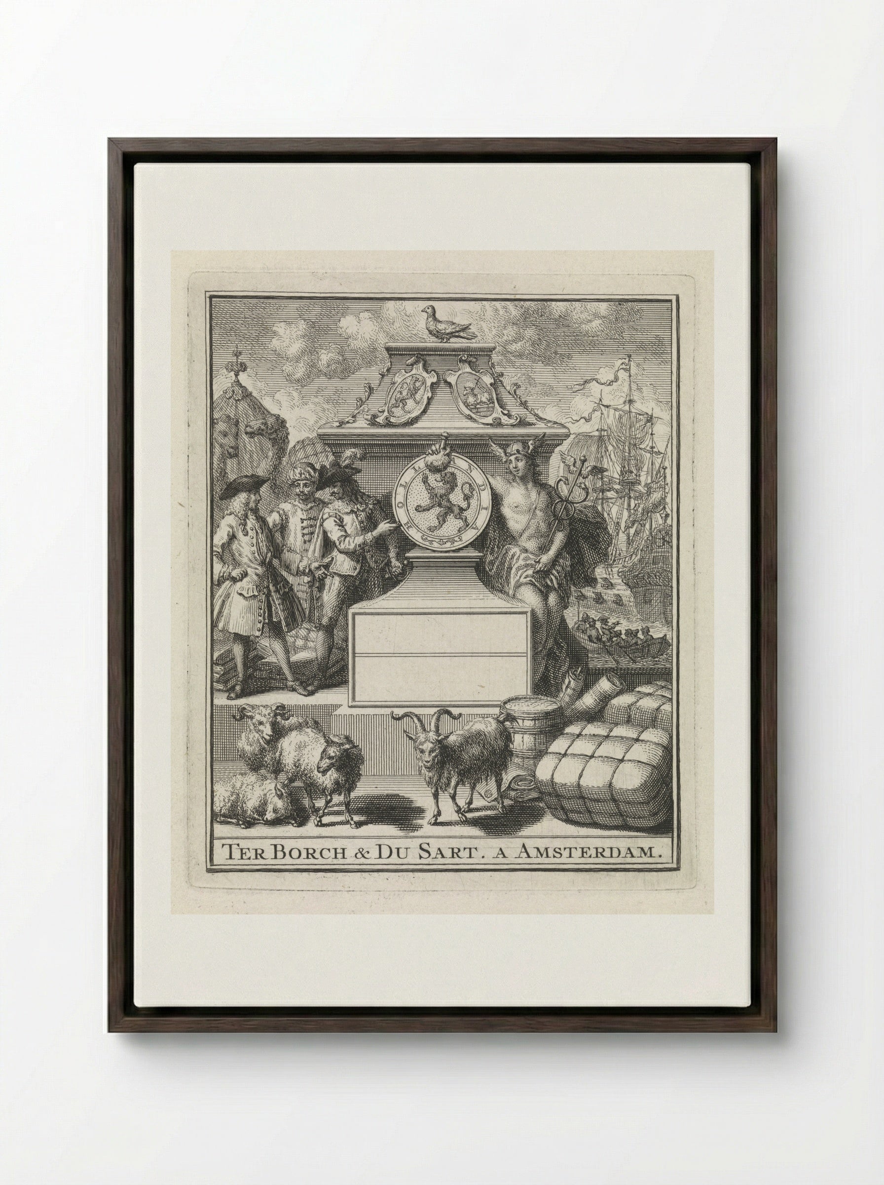Handelaren en Mercurius naast het wapen van Holland - Pieter Tanjé - Framed Canvas Dark Wood