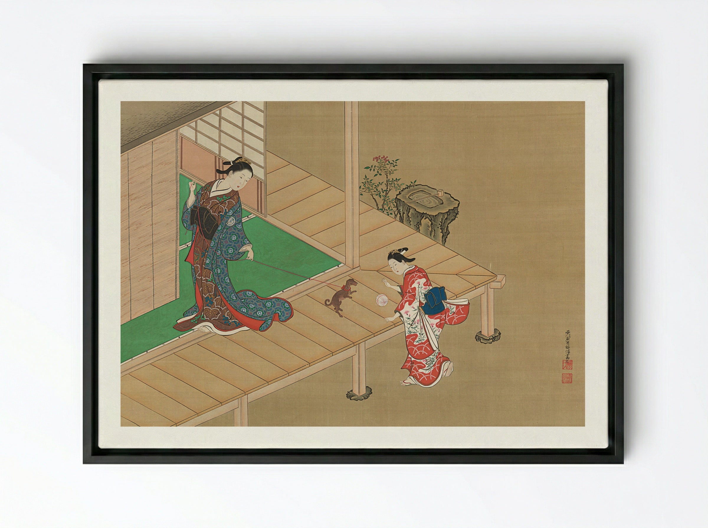 Lady Playing with a Dog on a Veranda - Nishikawa Sukenobu - Framed Canvas Black